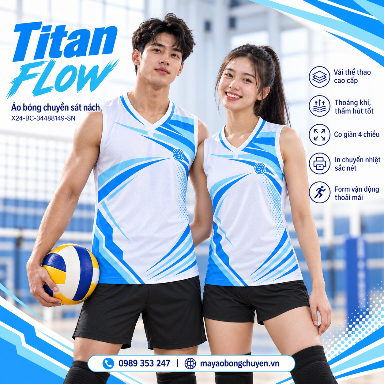 Áo bóng chuyền sát nách Áo bóng chuyền sát nách Titan Flow phối trắng xanh da trời đặt đội nam nữ mặc cùng thiết kế.