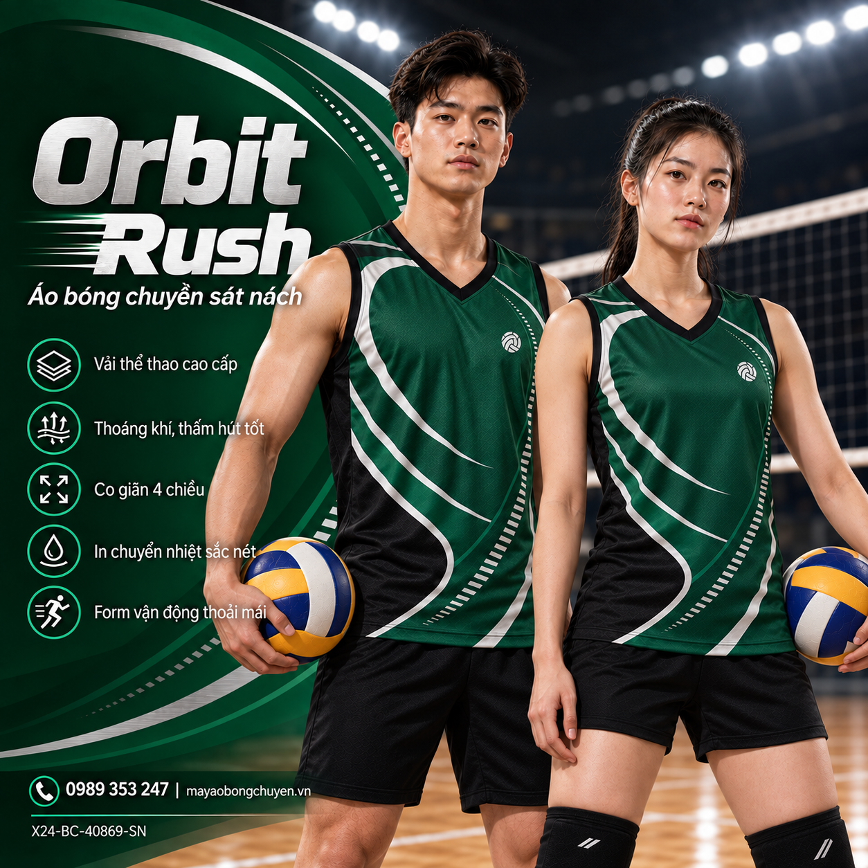 Áo bóng chuyền sát nách Áo bóng chuyền sát nách Orbit Rush phối xanh emerald đen đặt đội nam nữ mặc cùng thiết kế.