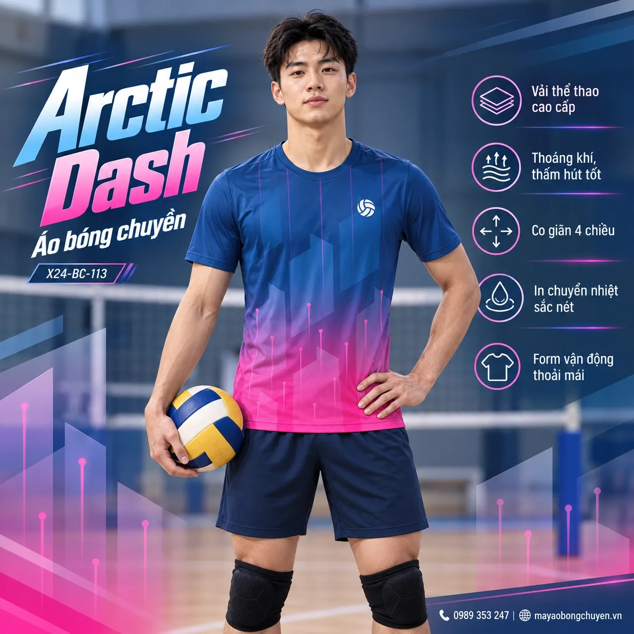 Áo bóng chuyền Arctic Dash xanh hồng cổ tròn tay ngắn trên người mẫu nam