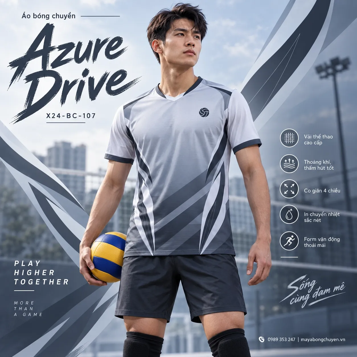 Áo bóng chuyền Azure Drive tông trắng cho nam.