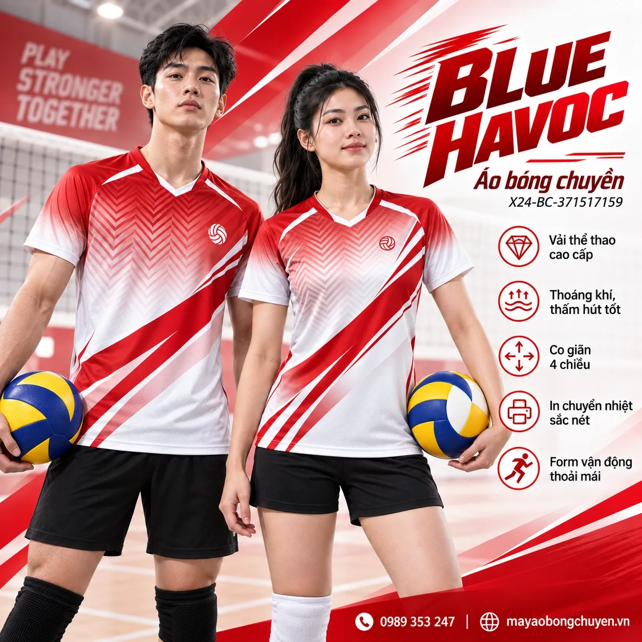 Áo bóng chuyền Blue Havoc trắng đỏ dành cho đội hình nam nữ.