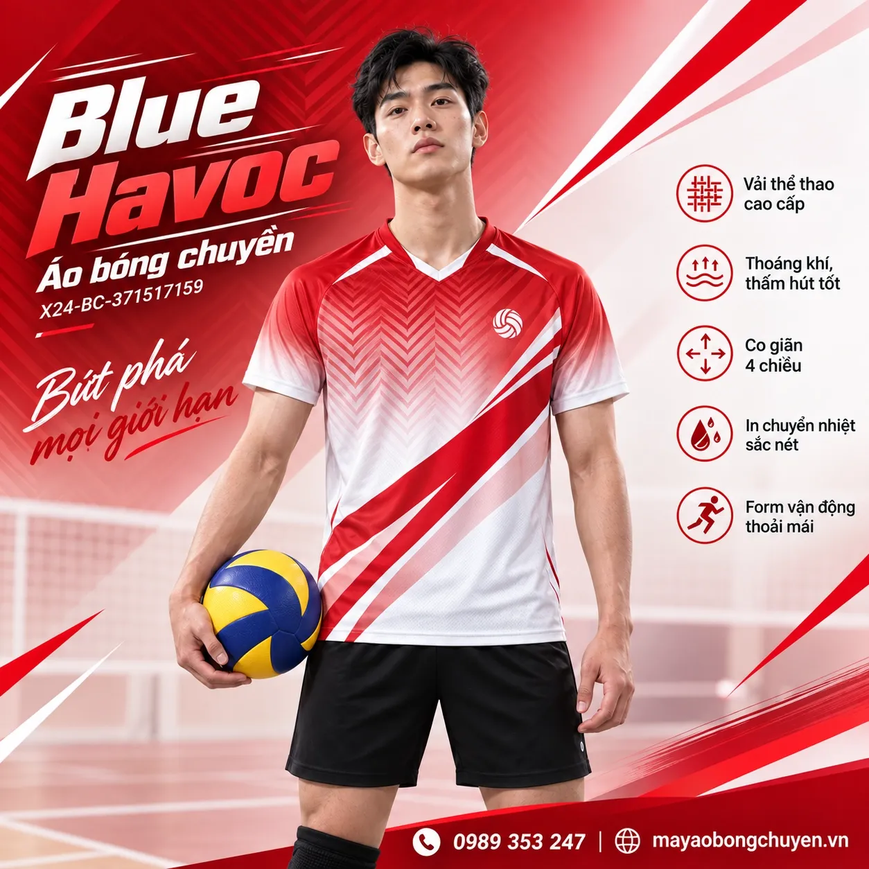 Mẫu Blue Havoc có phối màu trắng và đỏ, phù hợp để tùy chỉnh logo và tên số cho đội nam.