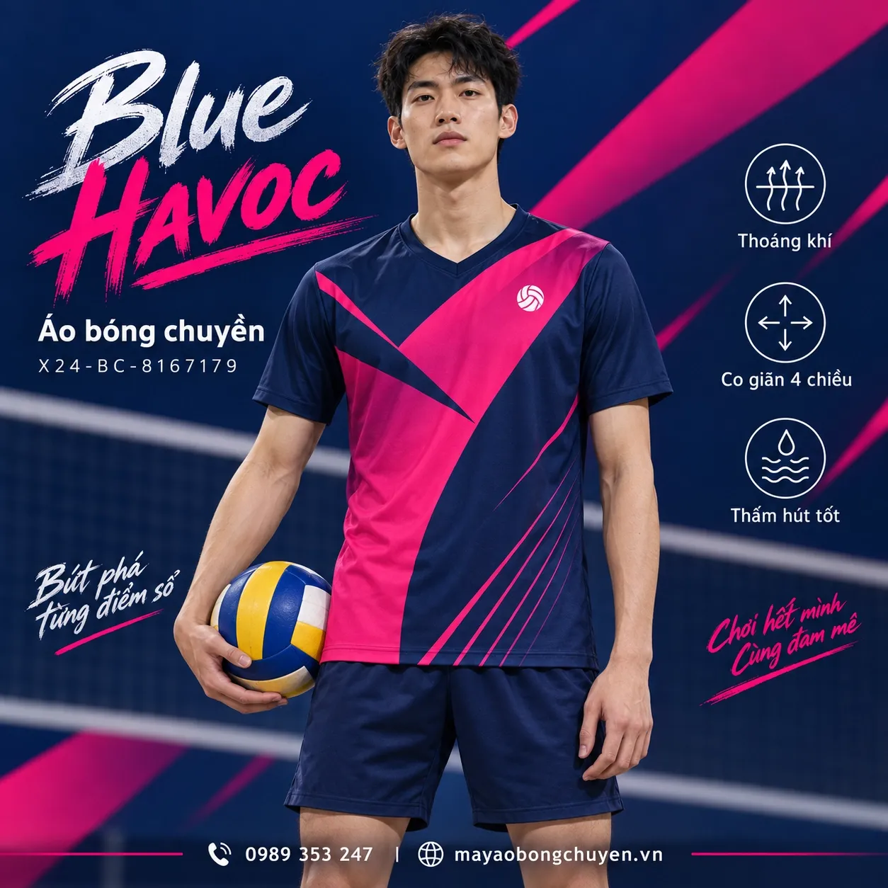 Mẫu Blue Havoc có phối màu xanh navy và hồng magenta, phù hợp để tùy chỉnh logo và tên số cho đội nam.