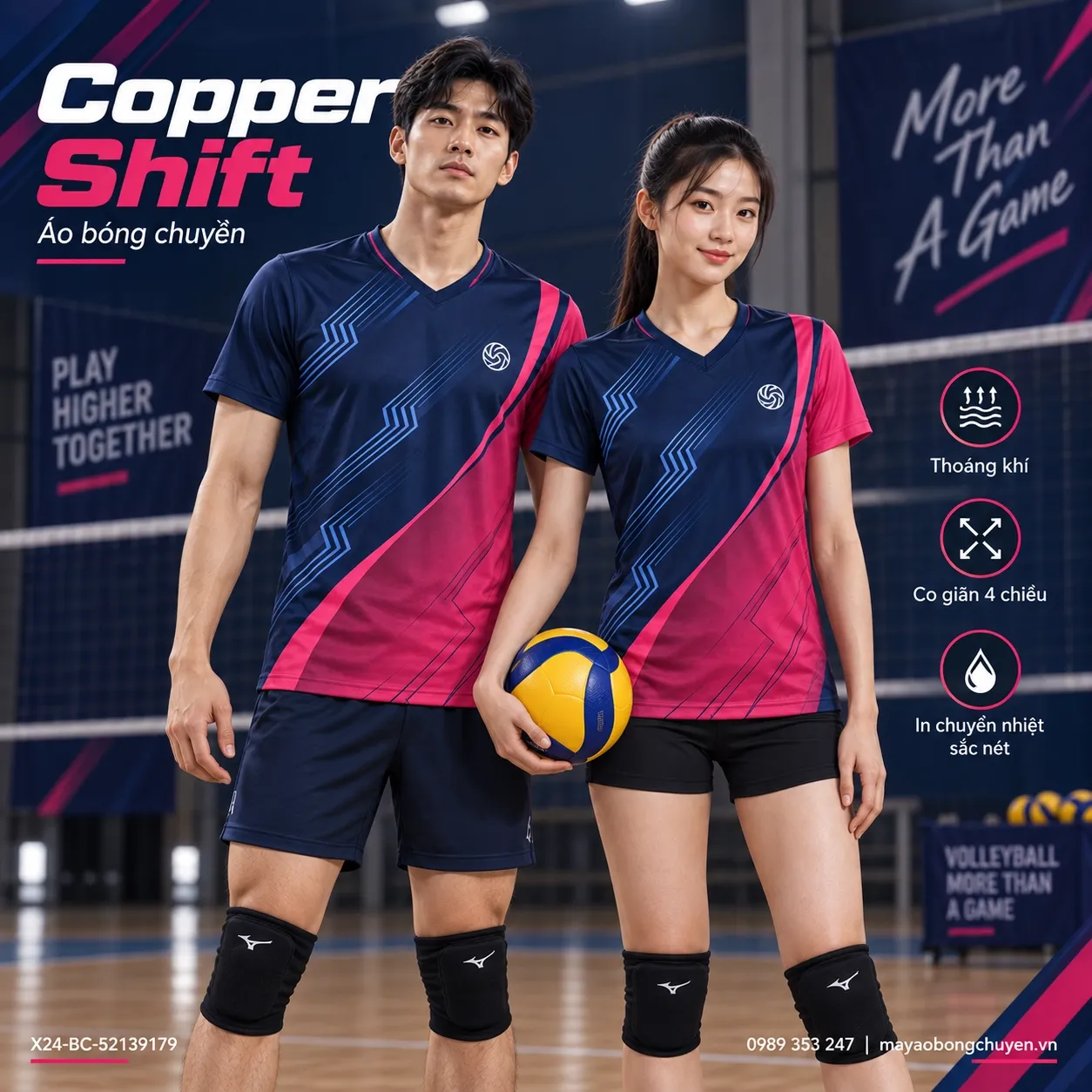 Áo bóng chuyền Copper Shift phối xanh navy và hồng cho đội nam nữ.