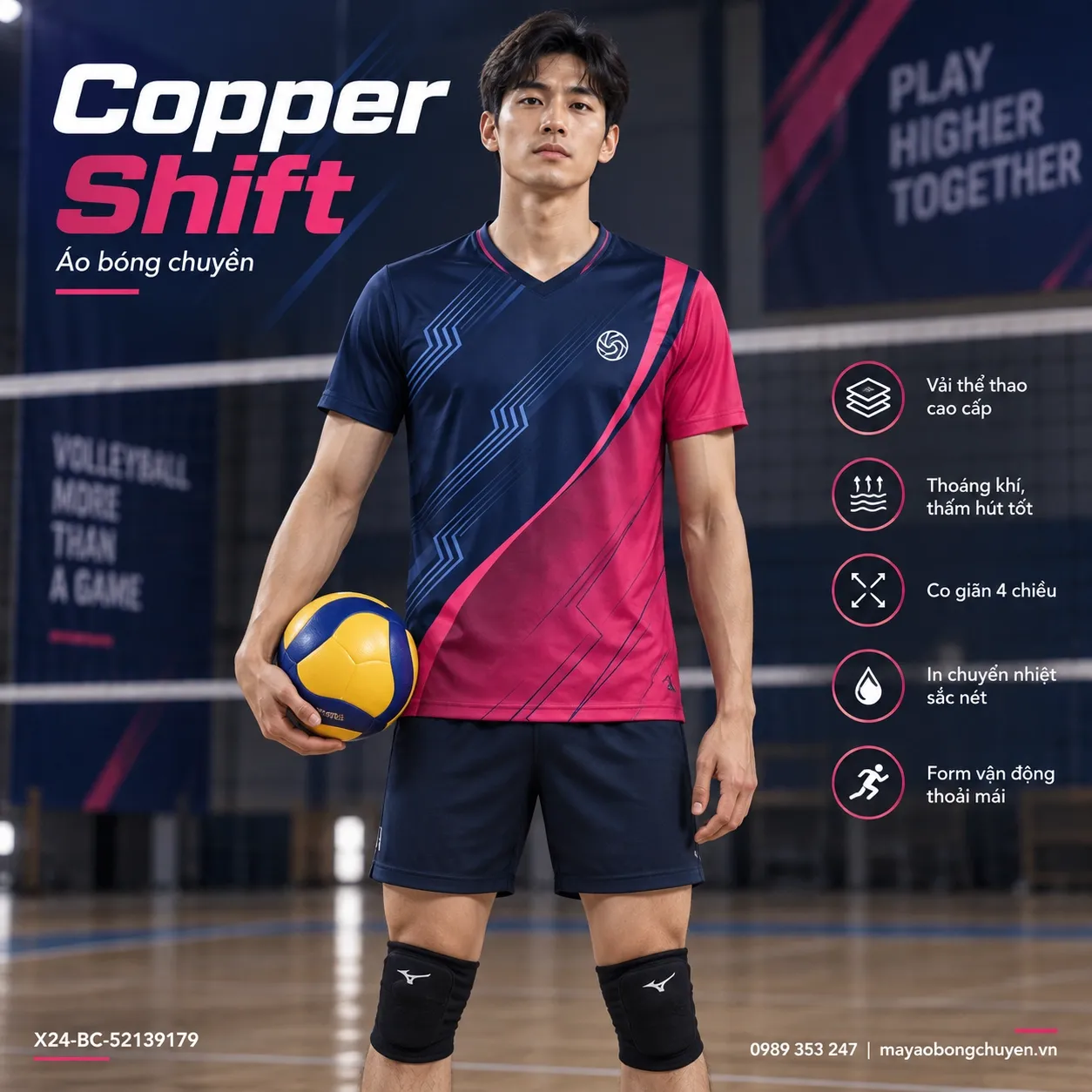 Áo bóng chuyền Copper Shift phối xanh navy và hồng cho nam.