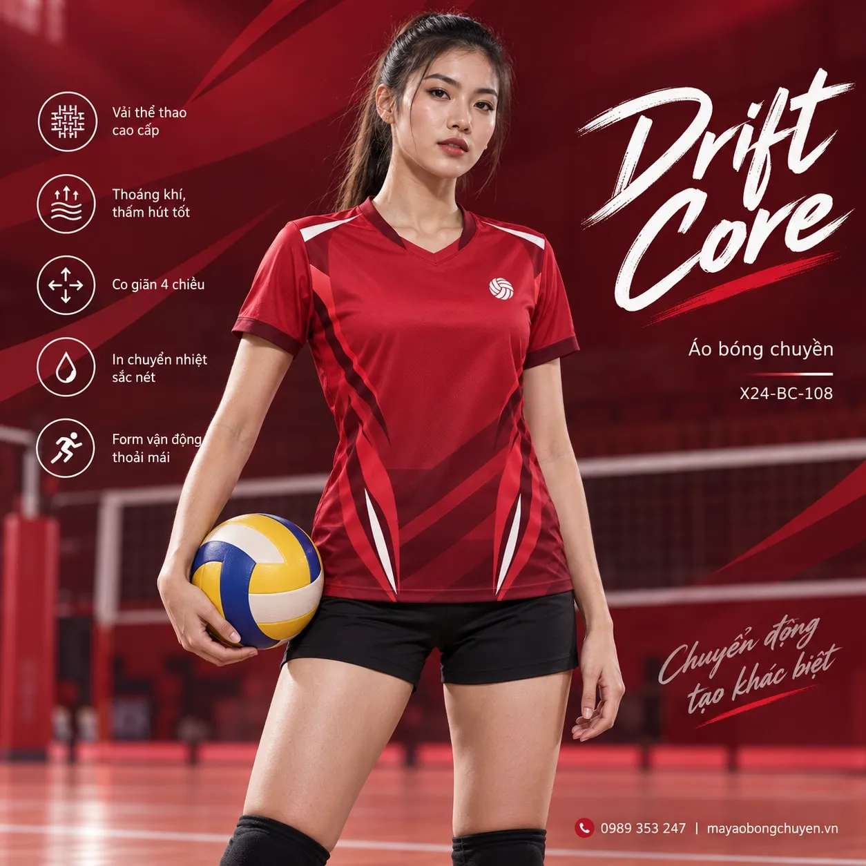 Áo bóng chuyền Drift Core tông đỏ cho nữ.