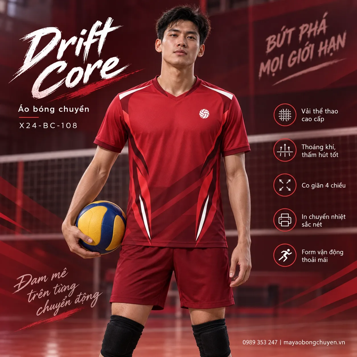 Áo bóng chuyền Drift Core tông đỏ cho nam.