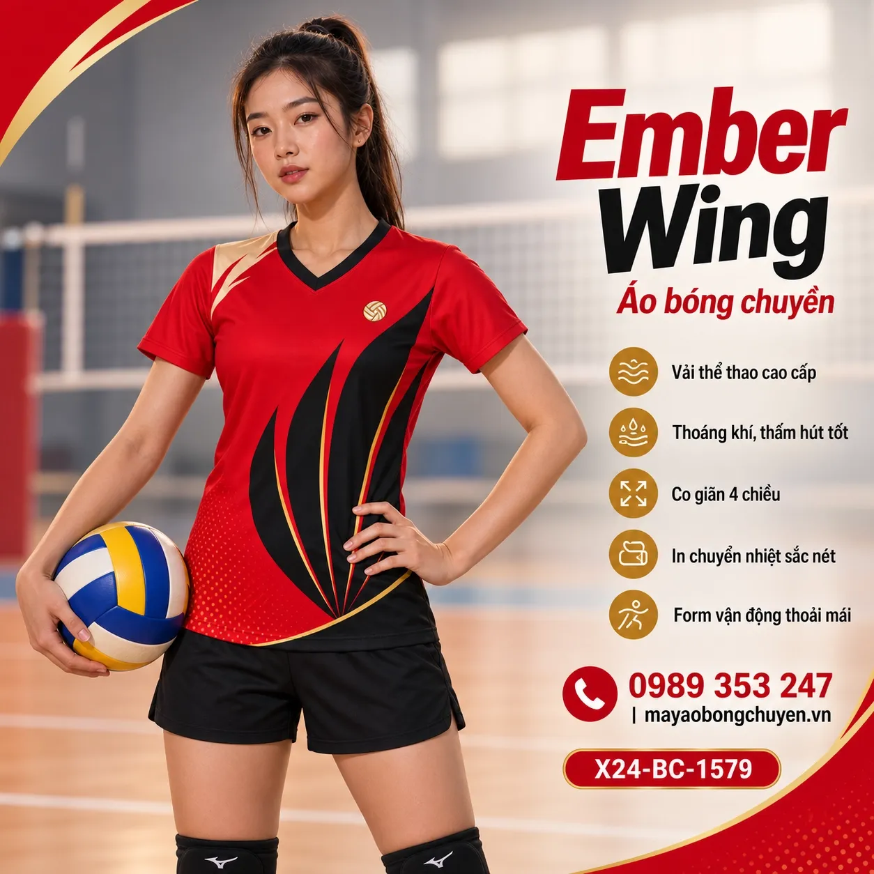 Mẫu Ember Wing phối màu đỏ scarlet, đen, vàng ấm, phù hợp để tùy chỉnh logo và tên số cho đội nữ.