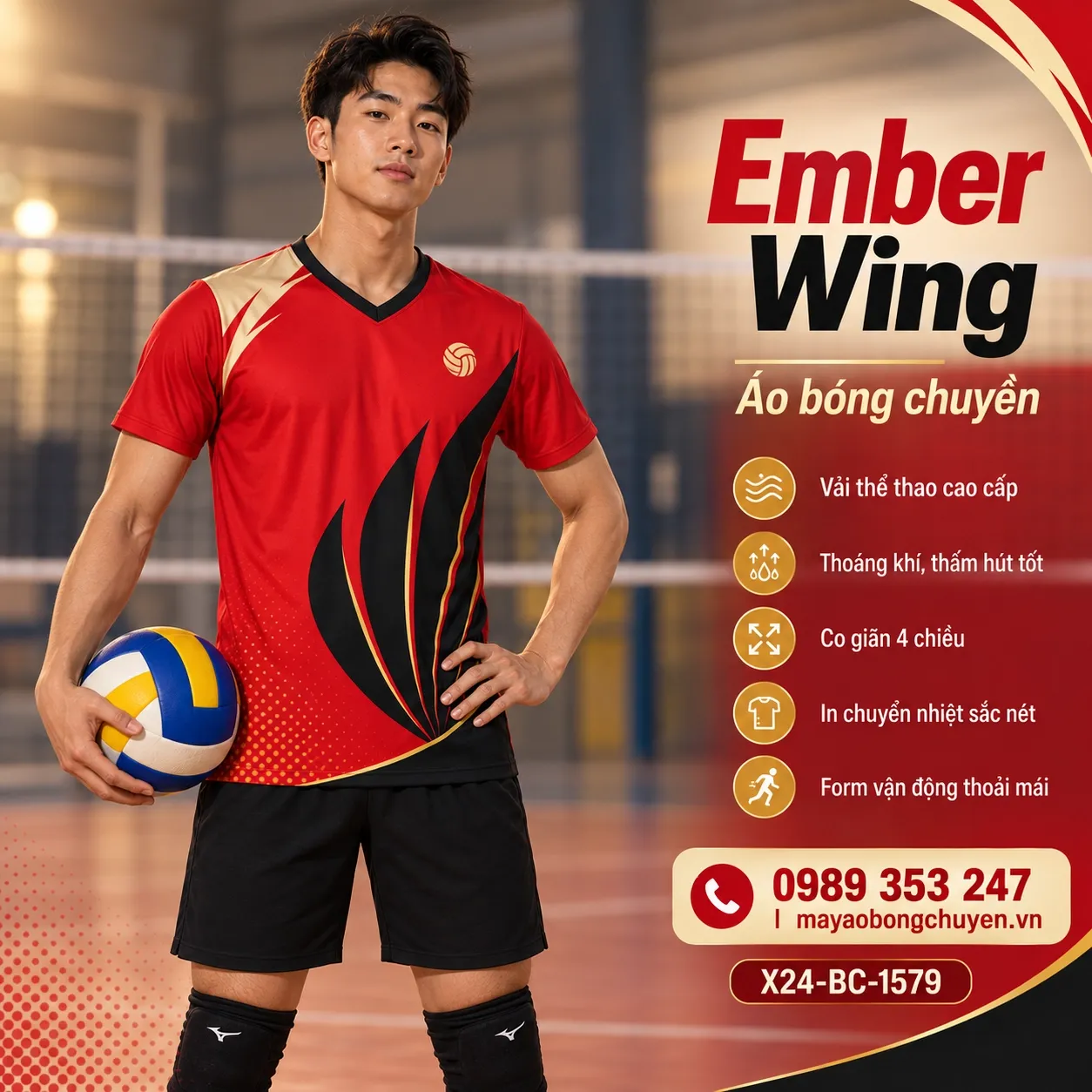 Mẫu Ember Wing phối màu đỏ scarlet, đen, vàng ấm, phù hợp để tùy chỉnh logo và tên số cho đội nam.