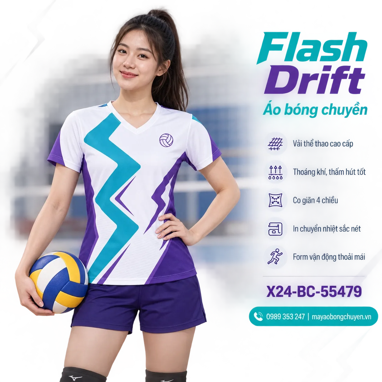 Mẫu Flash Drift phối màu trắng, xanh turquoise, tím violet, phù hợp để tùy chỉnh logo và tên số cho đội nữ.