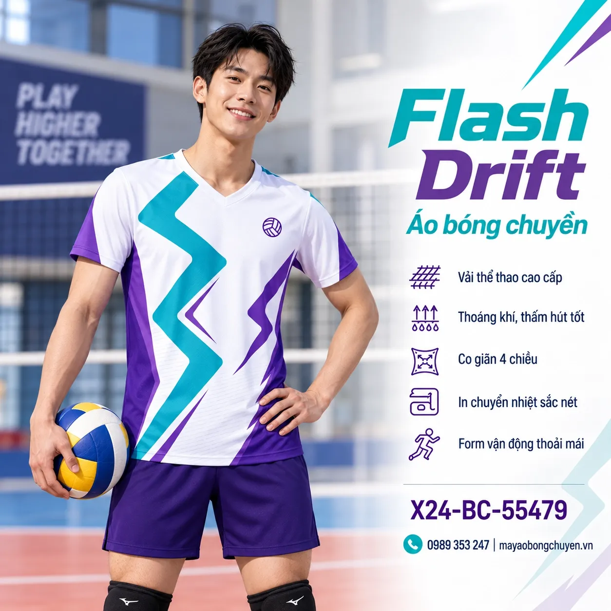 Mẫu Flash Drift phối màu trắng, xanh turquoise, tím violet, phù hợp để tùy chỉnh logo và tên số cho đội nam.