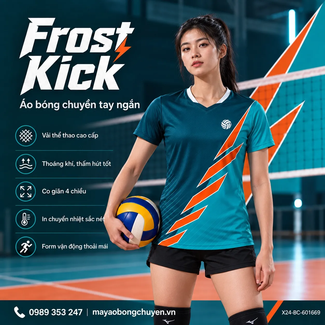 Mẫu Frost Kick phối xanh teal đậm, xanh teal sáng, cam cháy, trắng dành cho đội nữ cần áo bóng chuyền đặt may nổi bật.