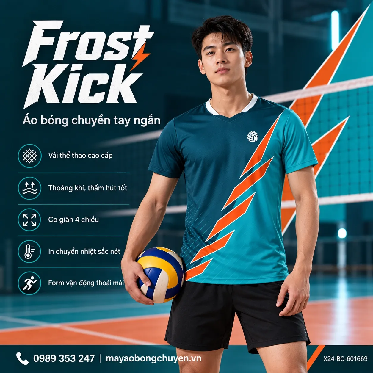 Mẫu Frost Kick phối xanh teal đậm, xanh teal sáng, cam cháy, trắng dành cho đội nam cần áo bóng chuyền đặt may nổi bật.