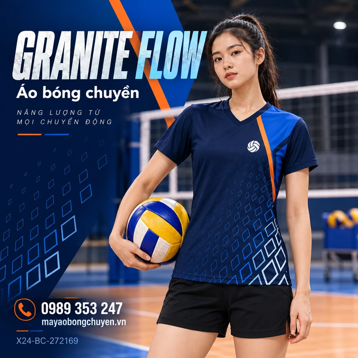 Mẫu Granite Flow phối xanh navy, xanh cobalt, cam dành cho đội nữ cần áo bóng chuyền đặt may nổi bật.