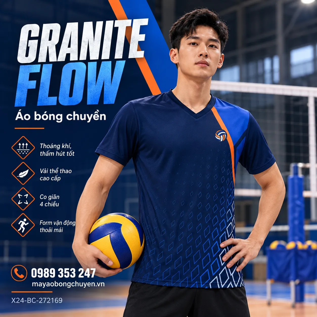 Mẫu Granite Flow phối xanh navy, xanh cobalt, cam dành cho đội nam cần áo bóng chuyền đặt may nổi bật.