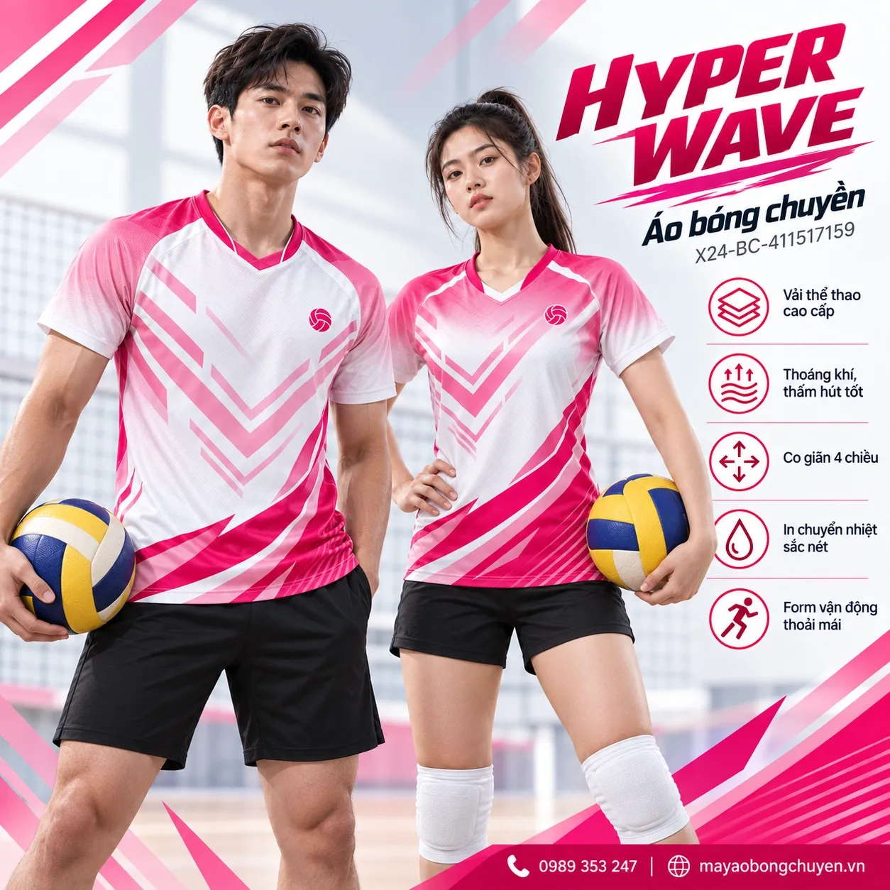 Áo bóng chuyền Hyper Wave trắng hồng dành cho đội hình nam nữ.
