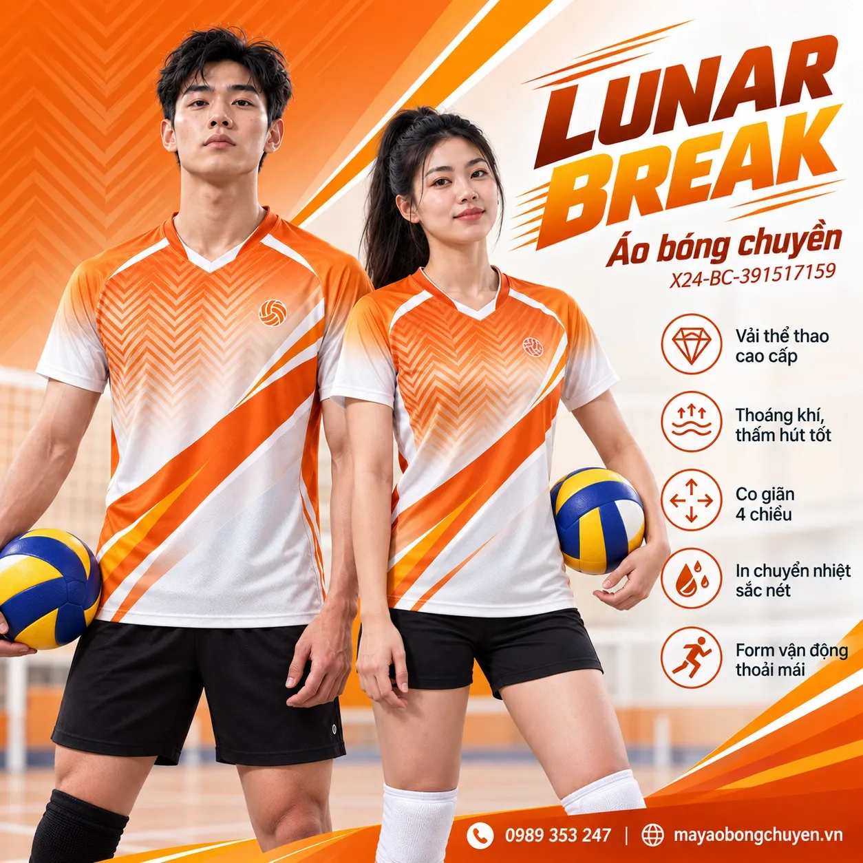 Áo bóng chuyền Lunar Break trắng cam dành cho đội hình nam nữ.