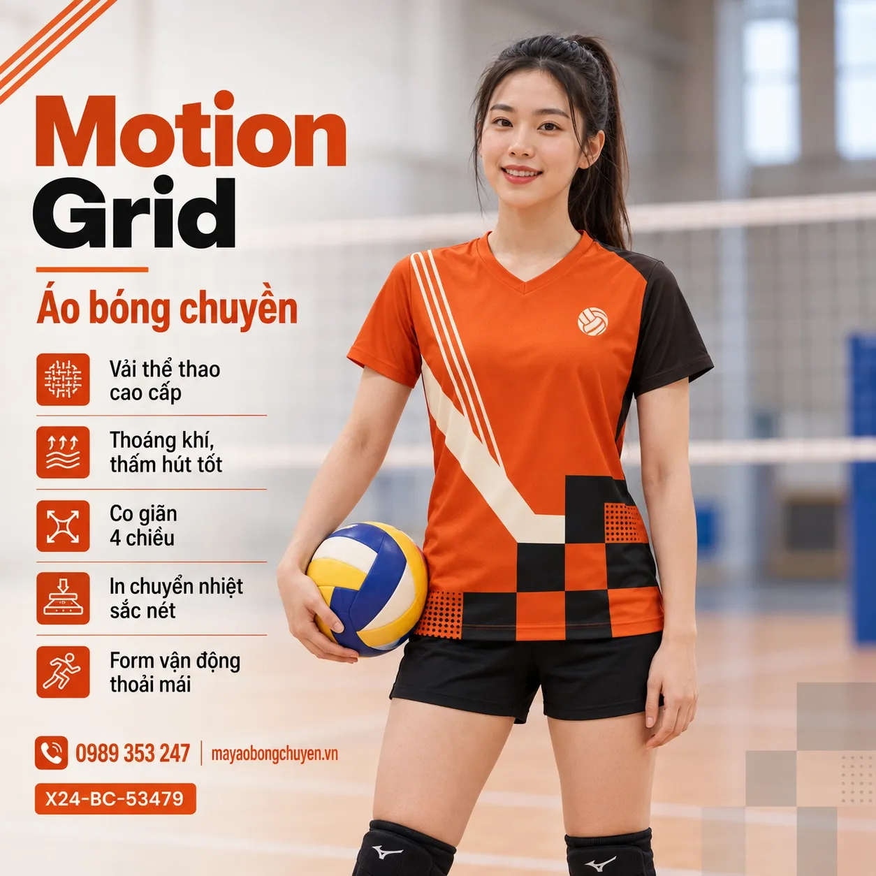 Mẫu Motion Grid phối màu cam cháy, đen, kem, phù hợp để tùy chỉnh logo và tên số cho đội nữ.
