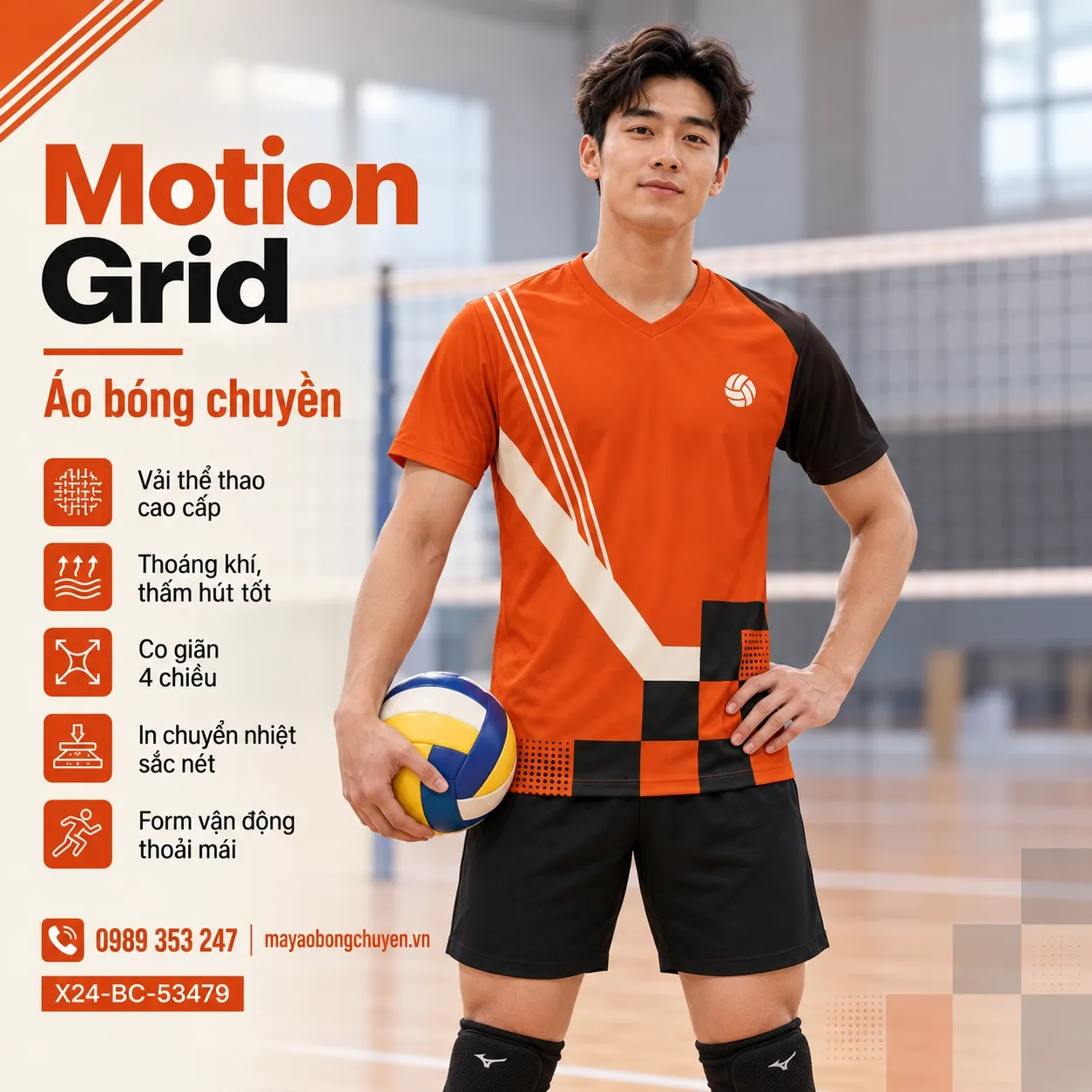 Mẫu Motion Grid phối màu cam cháy, đen, kem, phù hợp để tùy chỉnh logo và tên số cho đội nam.