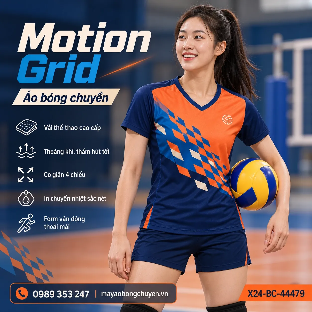 Mẫu Motion Grid phối màu cam tangerine, xanh navy, phù hợp để tùy chỉnh logo và tên số cho đội nữ.