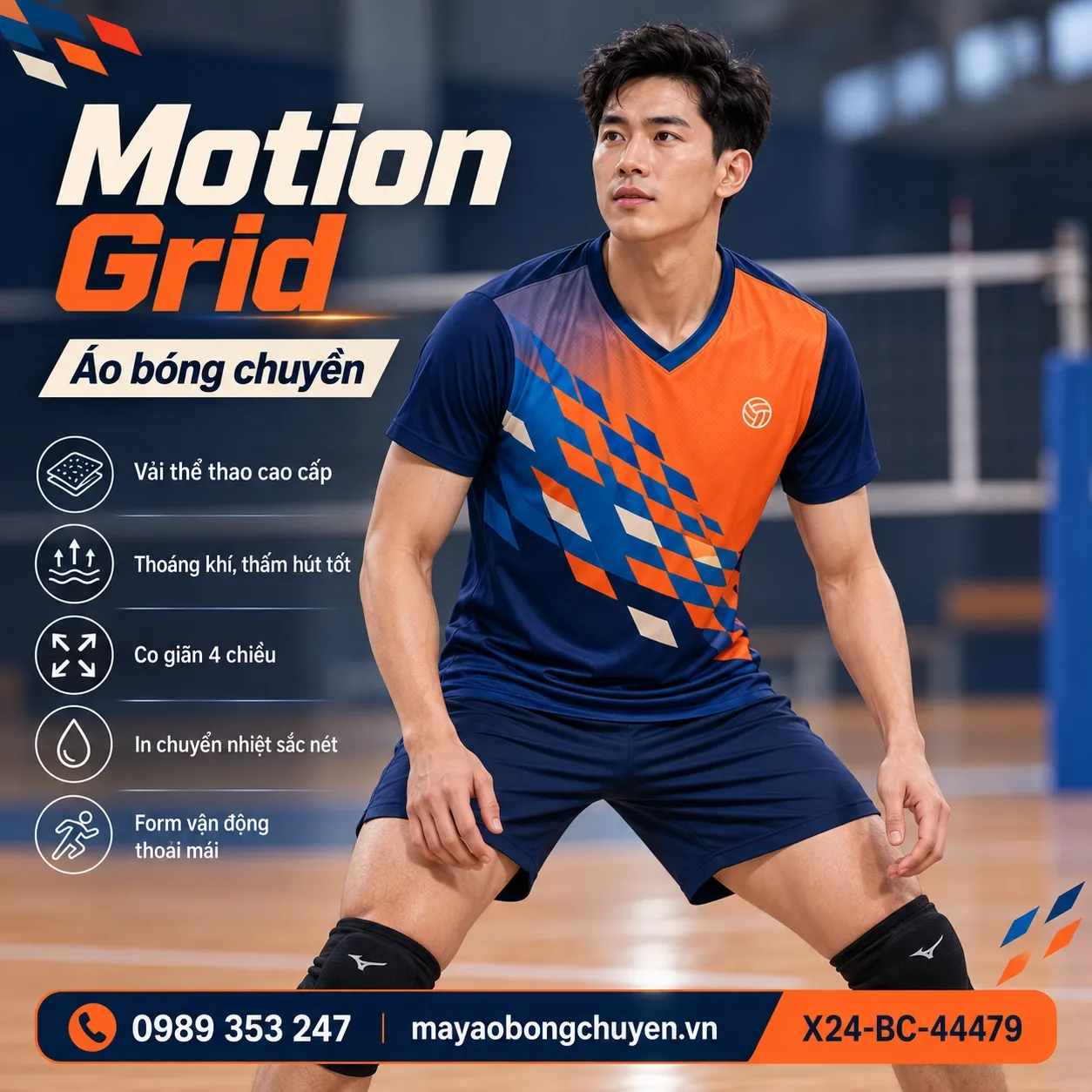Mẫu Motion Grid phối màu cam tangerine, xanh navy, phù hợp để tùy chỉnh logo và tên số cho đội nam.