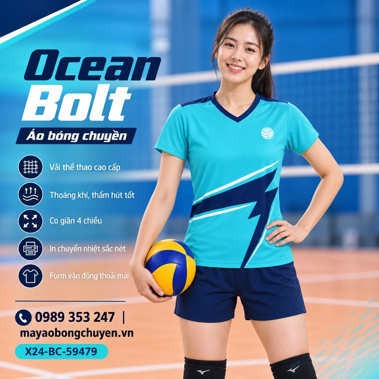 Mẫu Ocean Bolt phối màu xanh aqua, xanh navy, trắng, phù hợp để tùy chỉnh logo và tên số cho đội nữ.