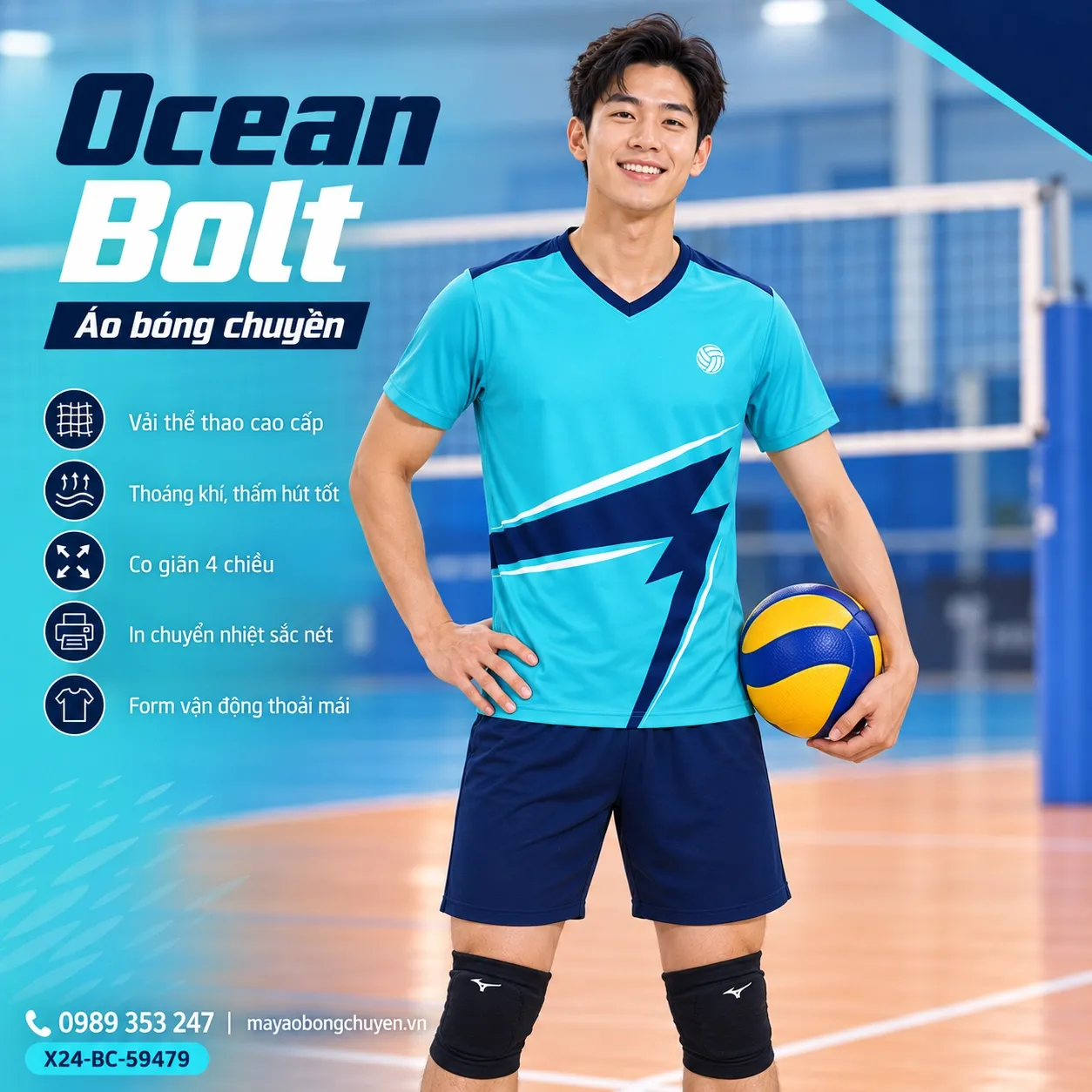Mẫu Ocean Bolt phối màu xanh aqua, xanh navy, trắng, phù hợp để tùy chỉnh logo và tên số cho đội nam.