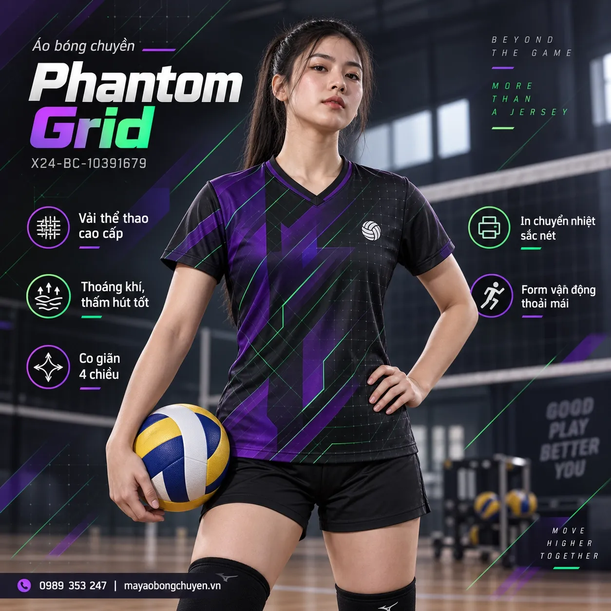 Mẫu Phantom Grid phối màu xám than, tím đậm, xanh emerald, đen, phù hợp để tùy chỉnh logo và tên số cho đội nữ.