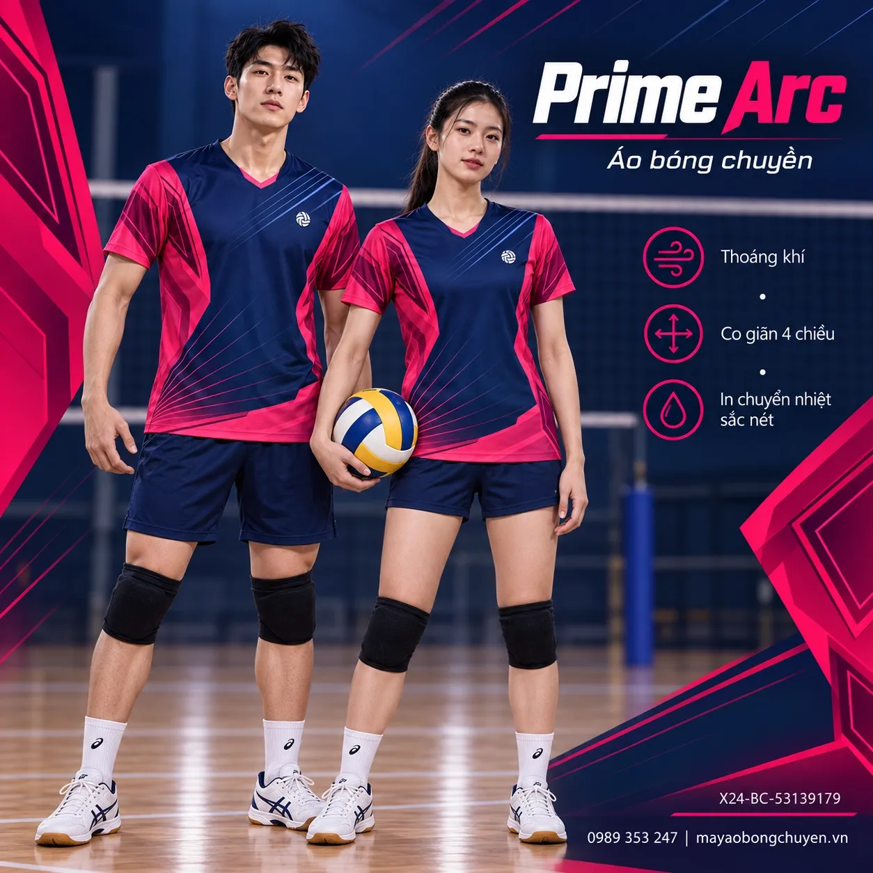 Áo bóng chuyền Prime Arc tông xanh navy cho đội nam nữ.
