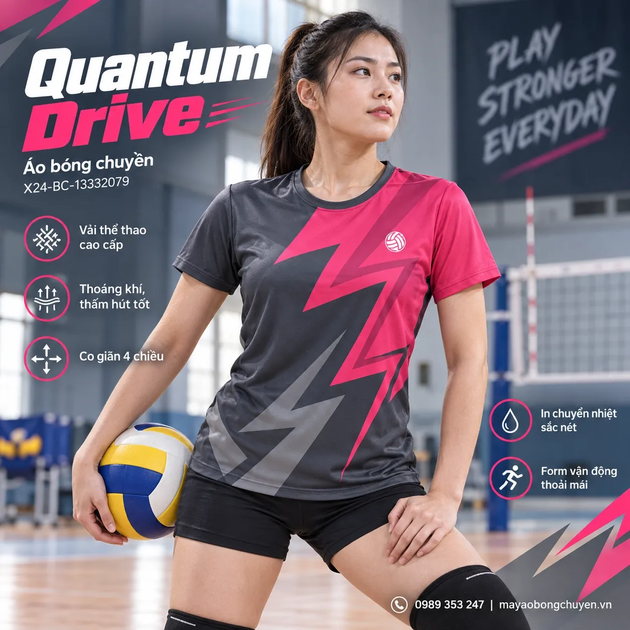 Mẫu Quantum Drive phối màu xám graphite, hồng raspberry, phù hợp để tùy chỉnh logo và tên số cho đội nữ.