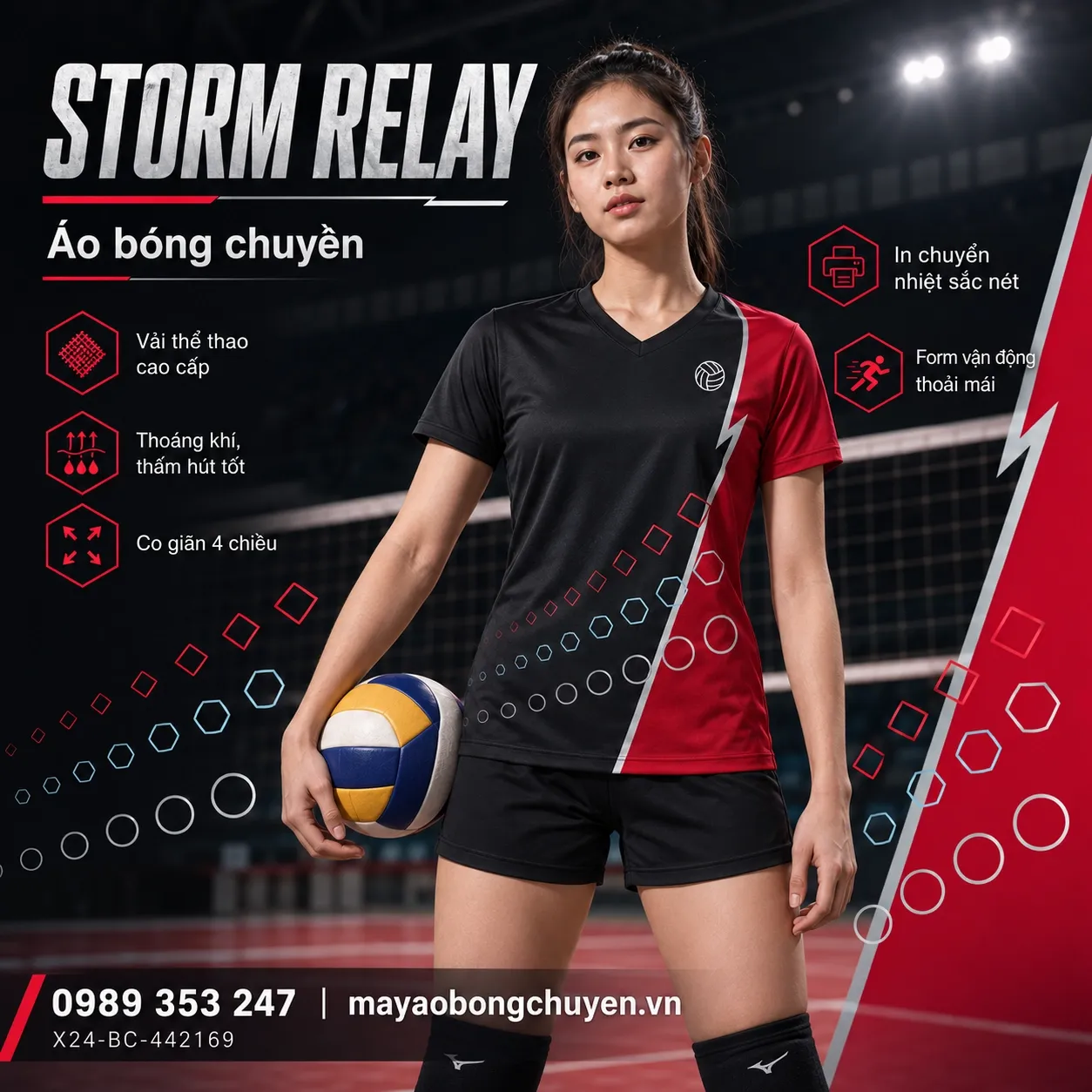 Mẫu Storm Relay phối màu đen charcoal, đỏ crimson, bạc, phù hợp để tùy chỉnh logo và tên số cho đội nữ.