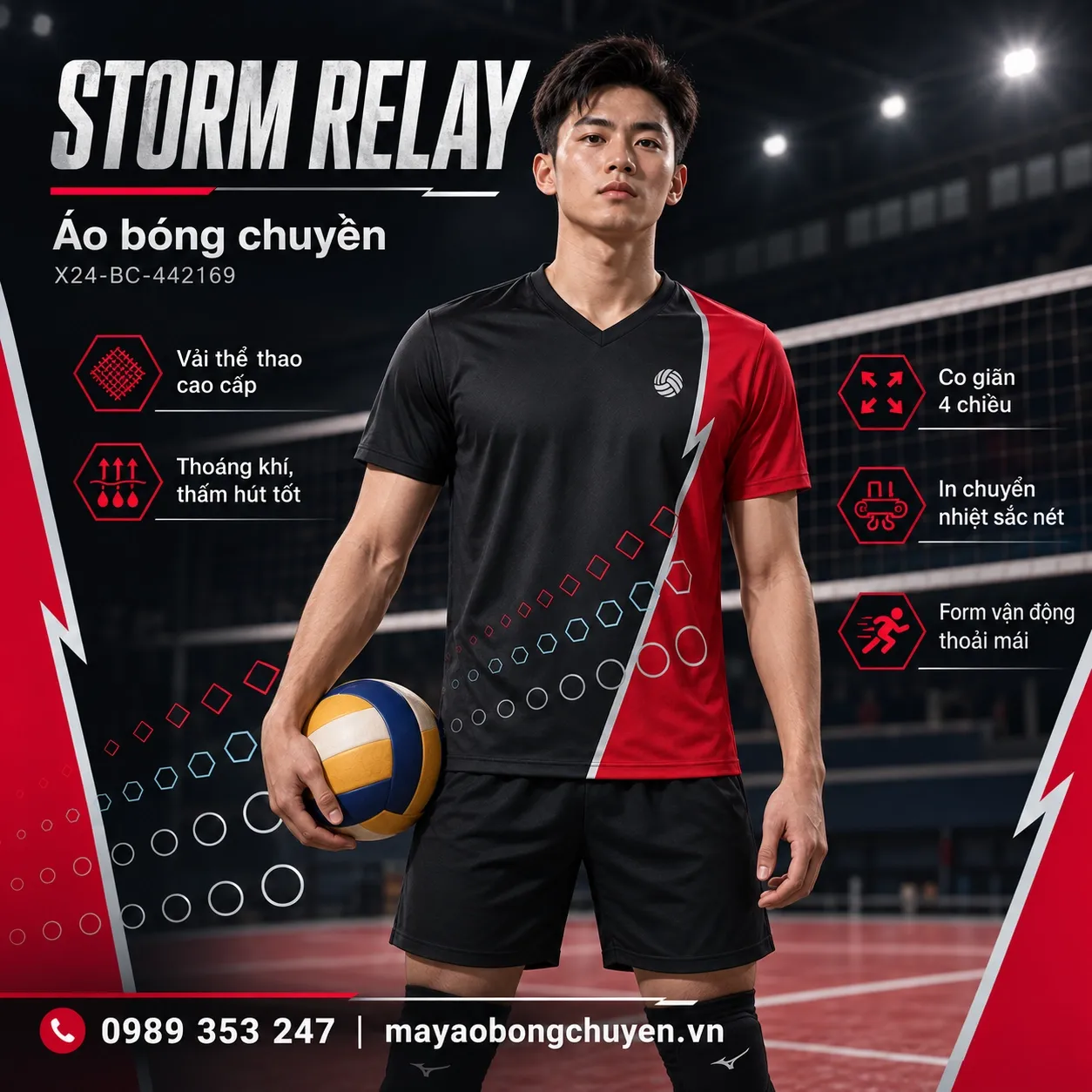 Mẫu Storm Relay phối màu đen charcoal, đỏ crimson, bạc, phù hợp để tùy chỉnh logo và tên số cho đội nam.