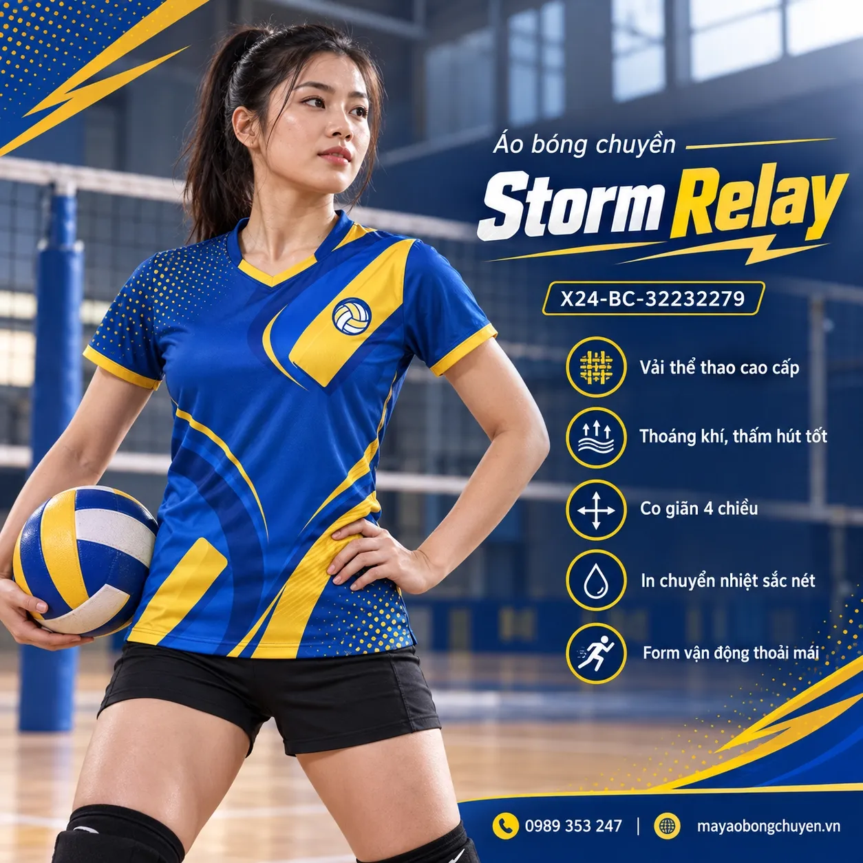 Mẫu Storm Relay phối màu xanh cobalt, vàng gold, phù hợp để tùy chỉnh logo và tên số cho đội nữ.