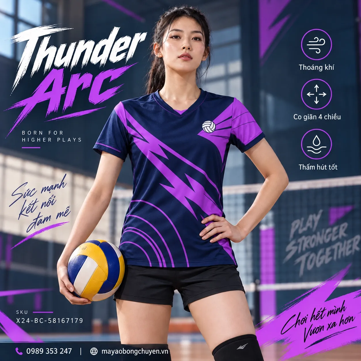 Mẫu Thunder Arc phối xanh navy và tím violet, phù hợp để tùy chỉnh logo và tên số cho đội nữ.
