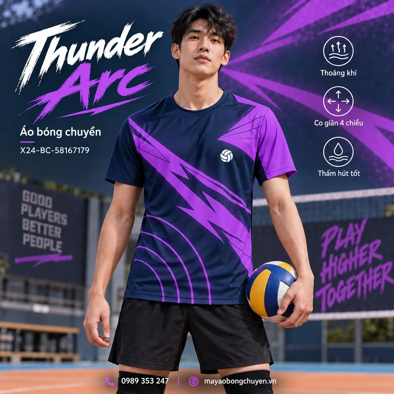 Mẫu Thunder Arc phối xanh navy và tím violet, phù hợp để tùy chỉnh logo và tên số cho đội nam.