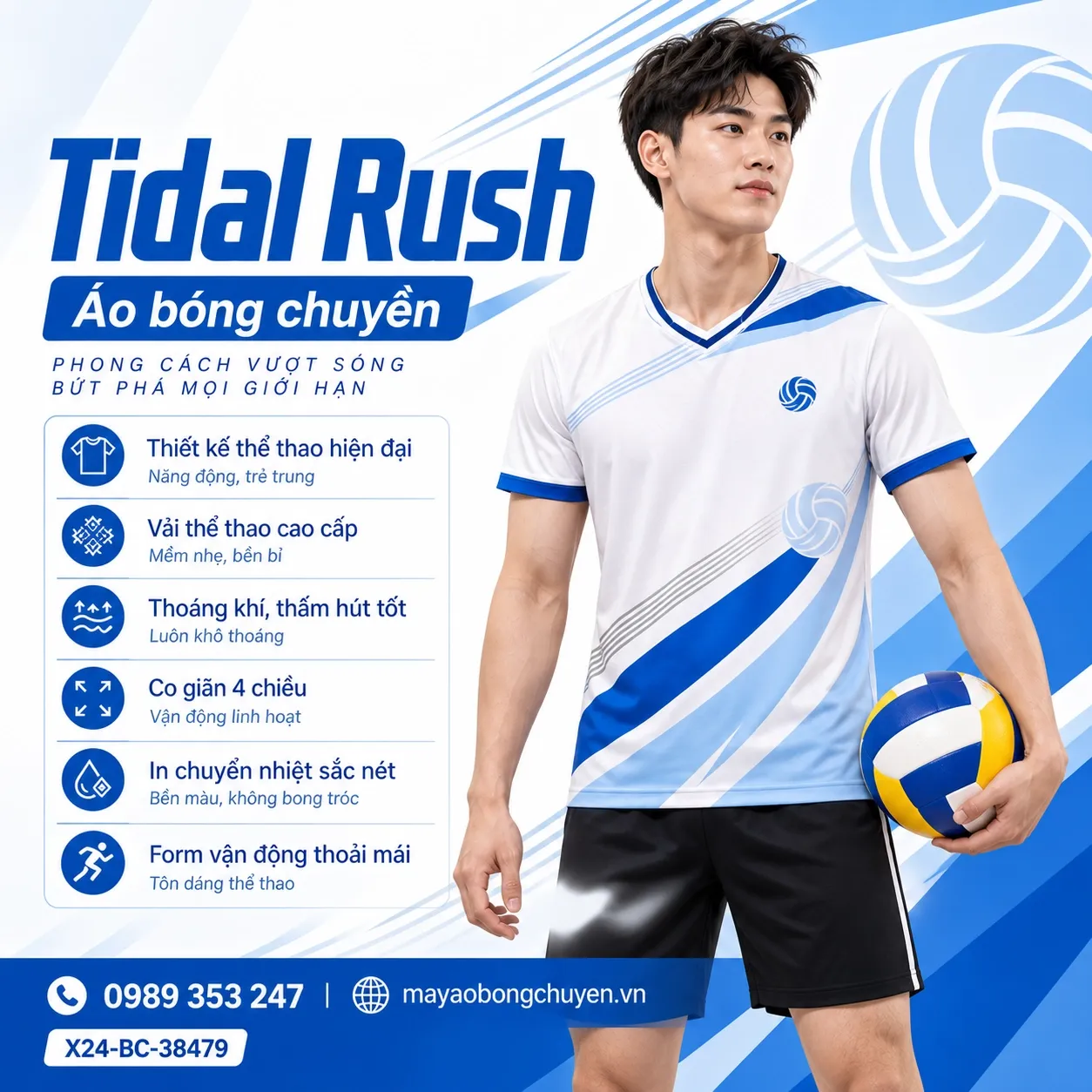 Mẫu Tidal Rush phối màu trắng ngọc trai, xanh hoàng gia, phù hợp để tùy chỉnh logo và tên số cho đội nam.