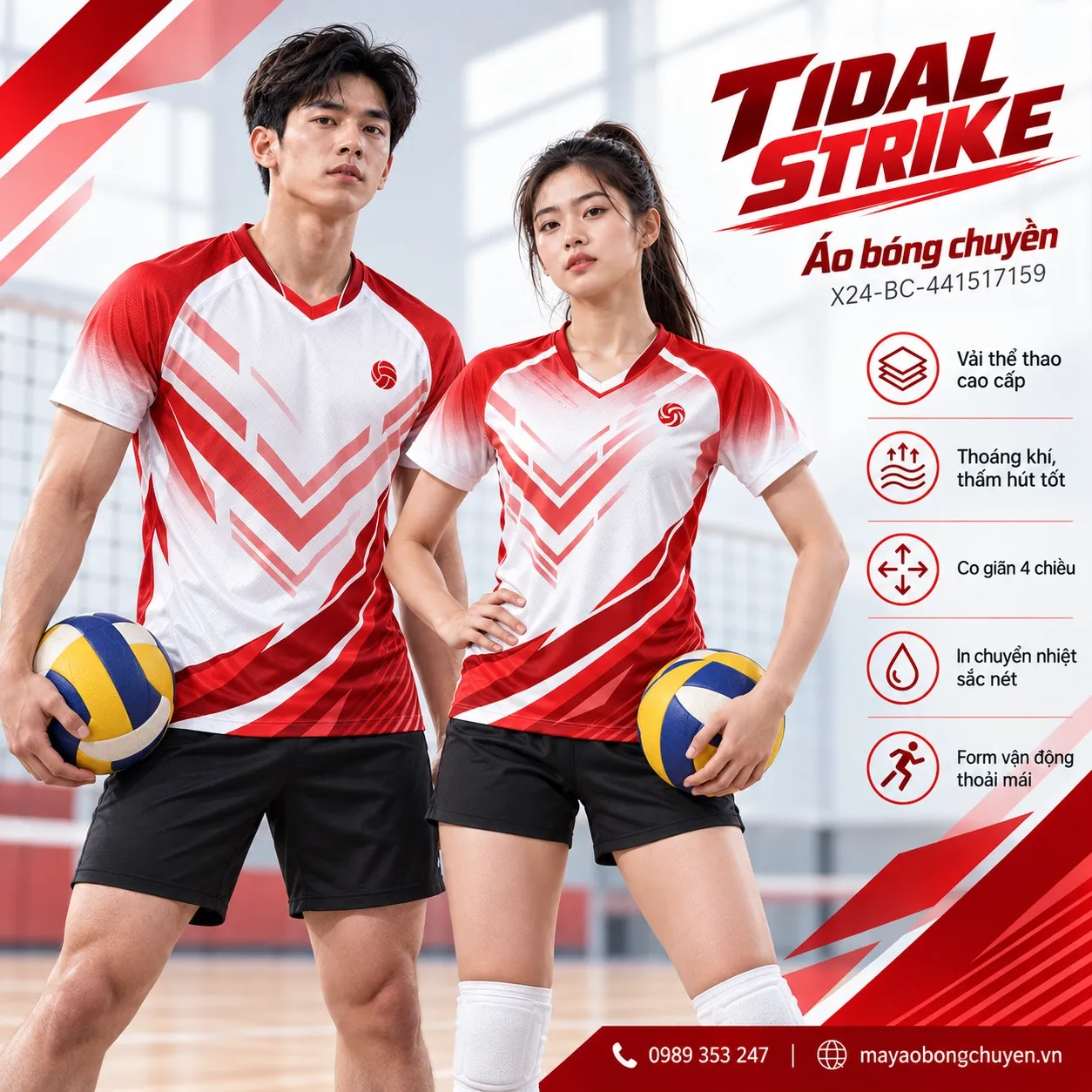 Áo bóng chuyền Tidal Strike trắng đỏ dành cho đội hình nam nữ.