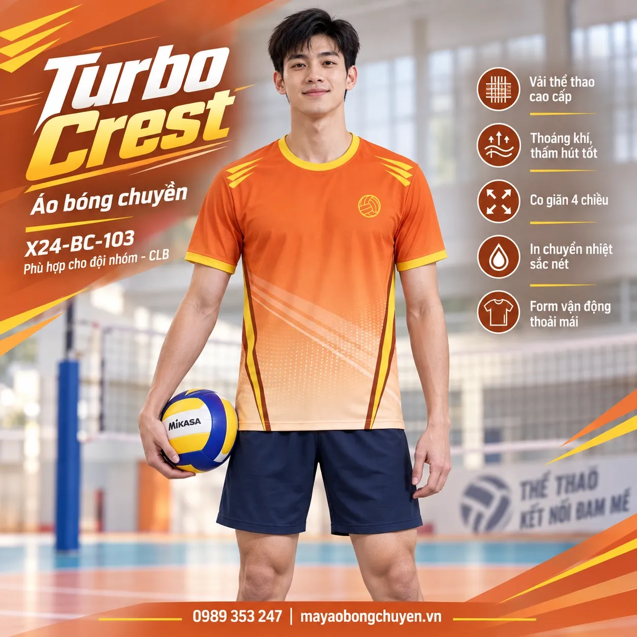 Áo bóng chuyền Turbo Crest cam viền vàng trên người mẫu nam