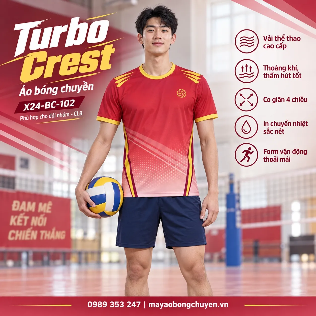 Áo bóng chuyền Turbo Crest đỏ viền vàng trên người mẫu nam