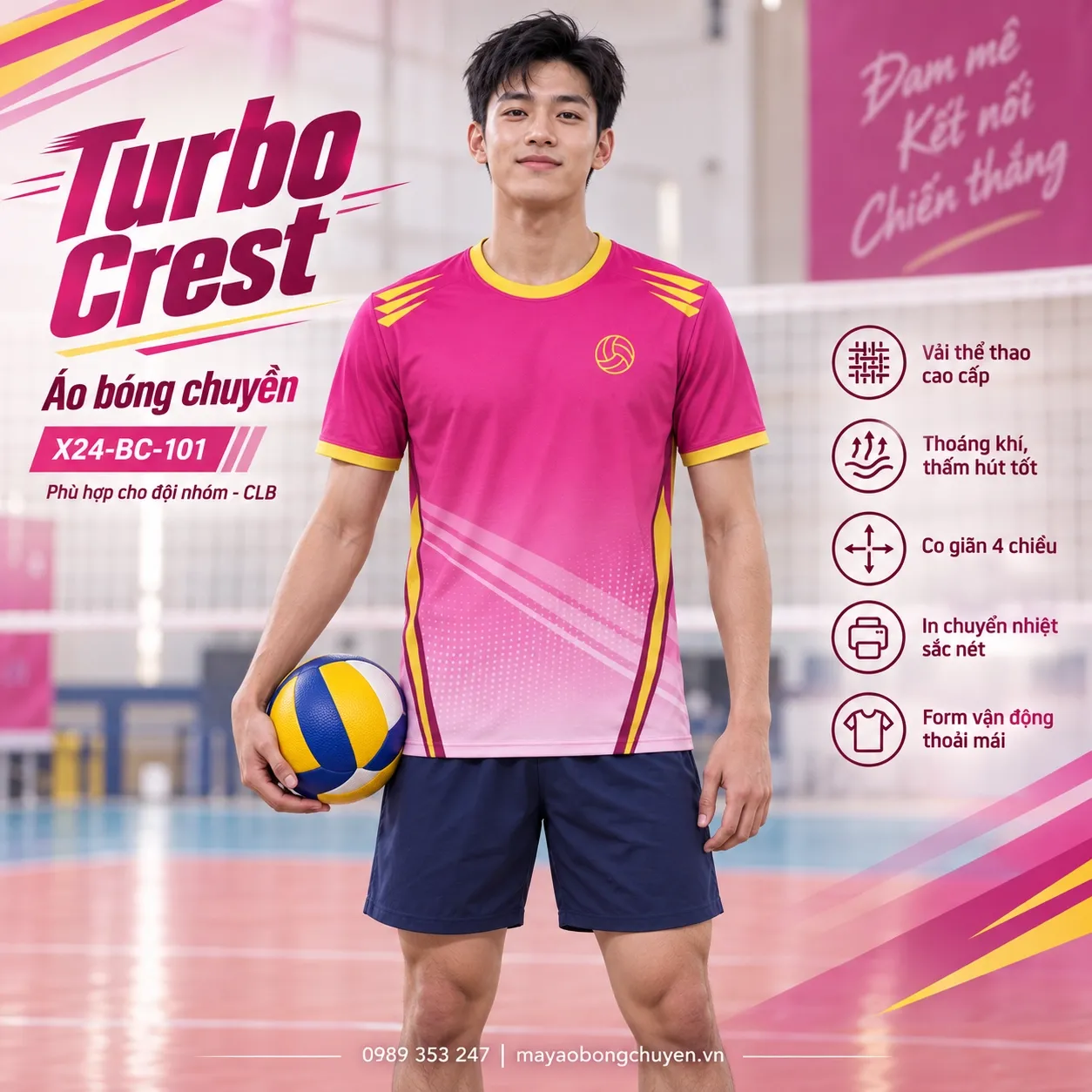 Áo bóng chuyền Turbo Crest hồng viền vàng trên người mẫu nam