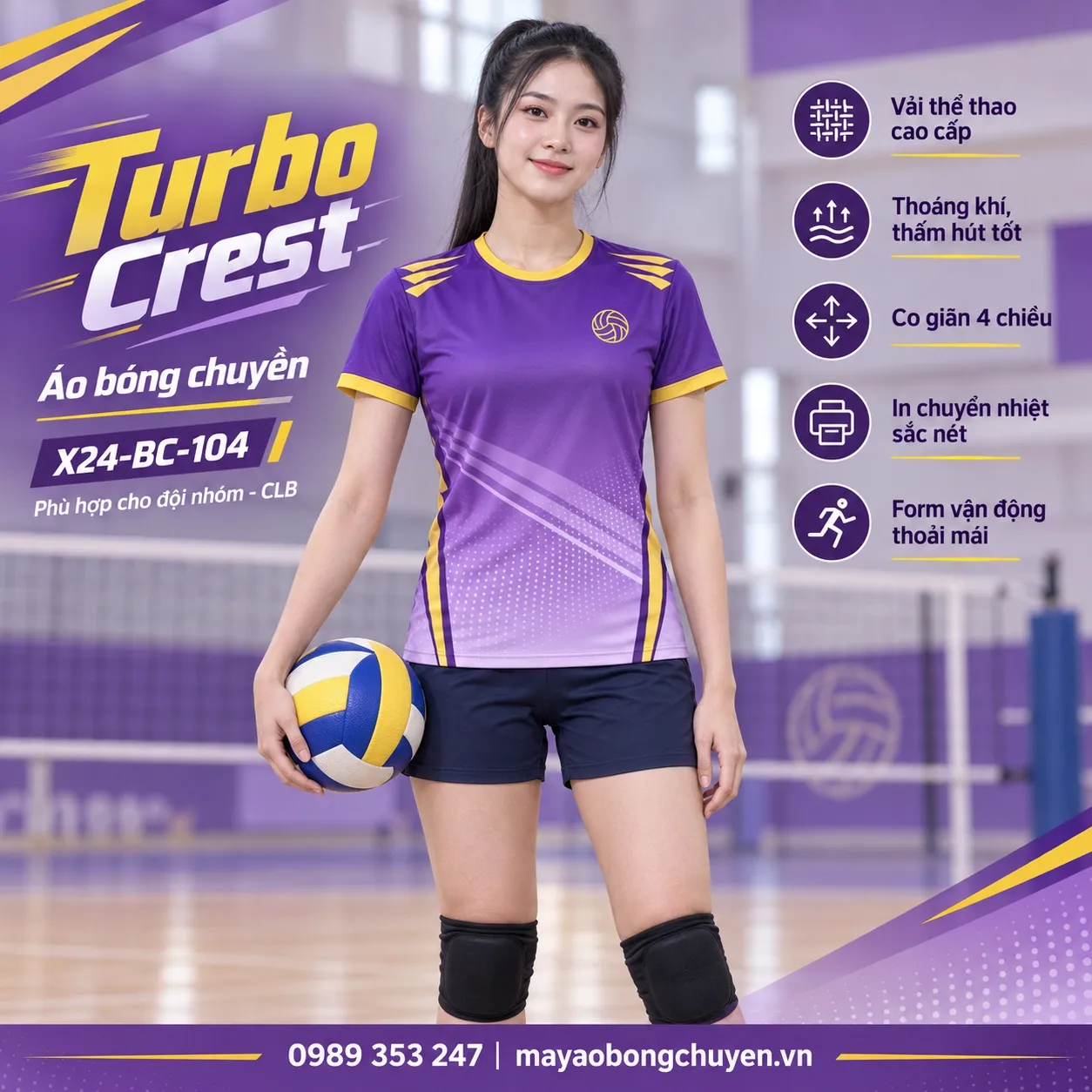 Áo bóng chuyền Turbo Crest tím viền vàng trên người mẫu nữ