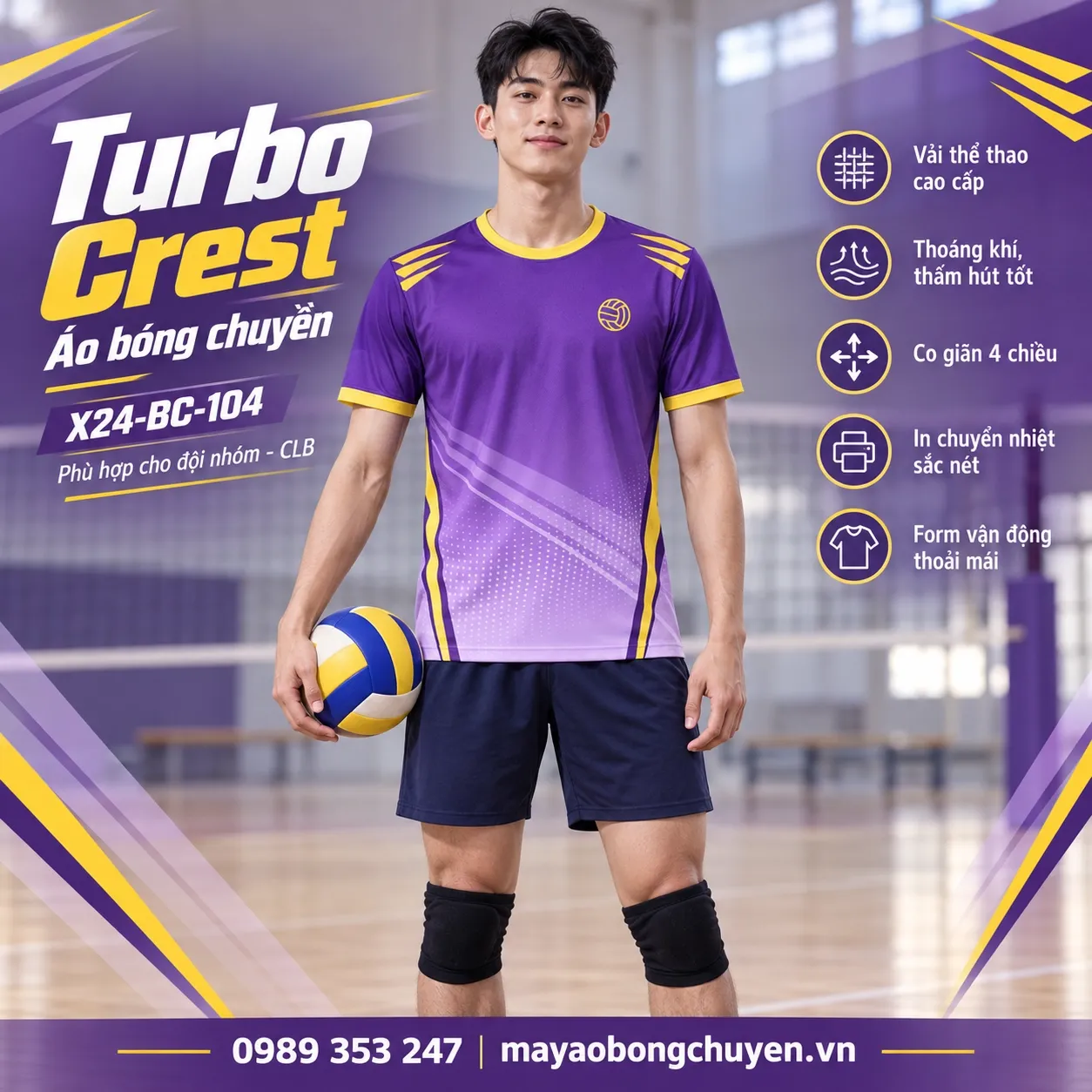 Áo bóng chuyền Turbo Crest tím viền vàng trên người mẫu nam