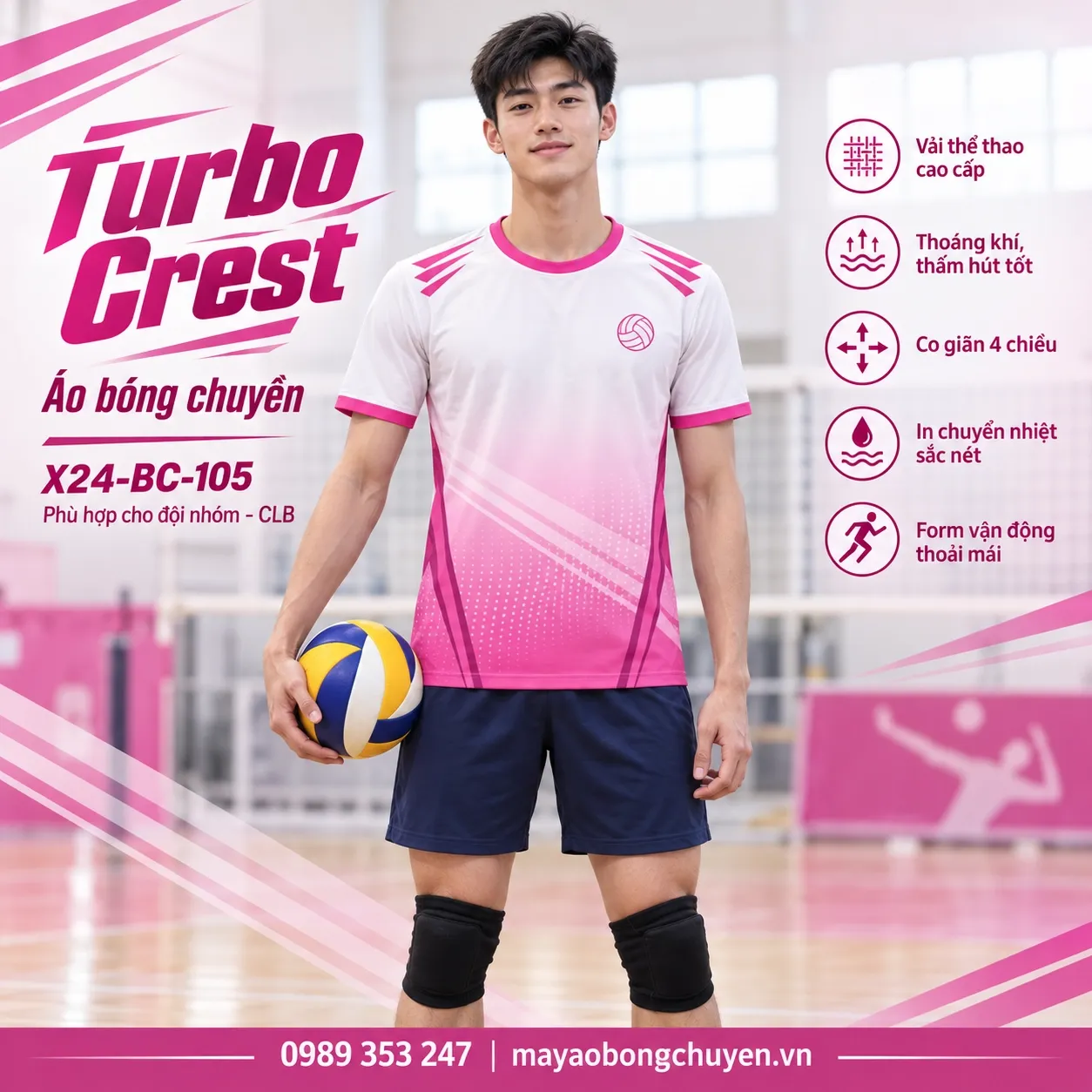 Áo bóng chuyền Turbo Crest trắng hồng trên người mẫu nam