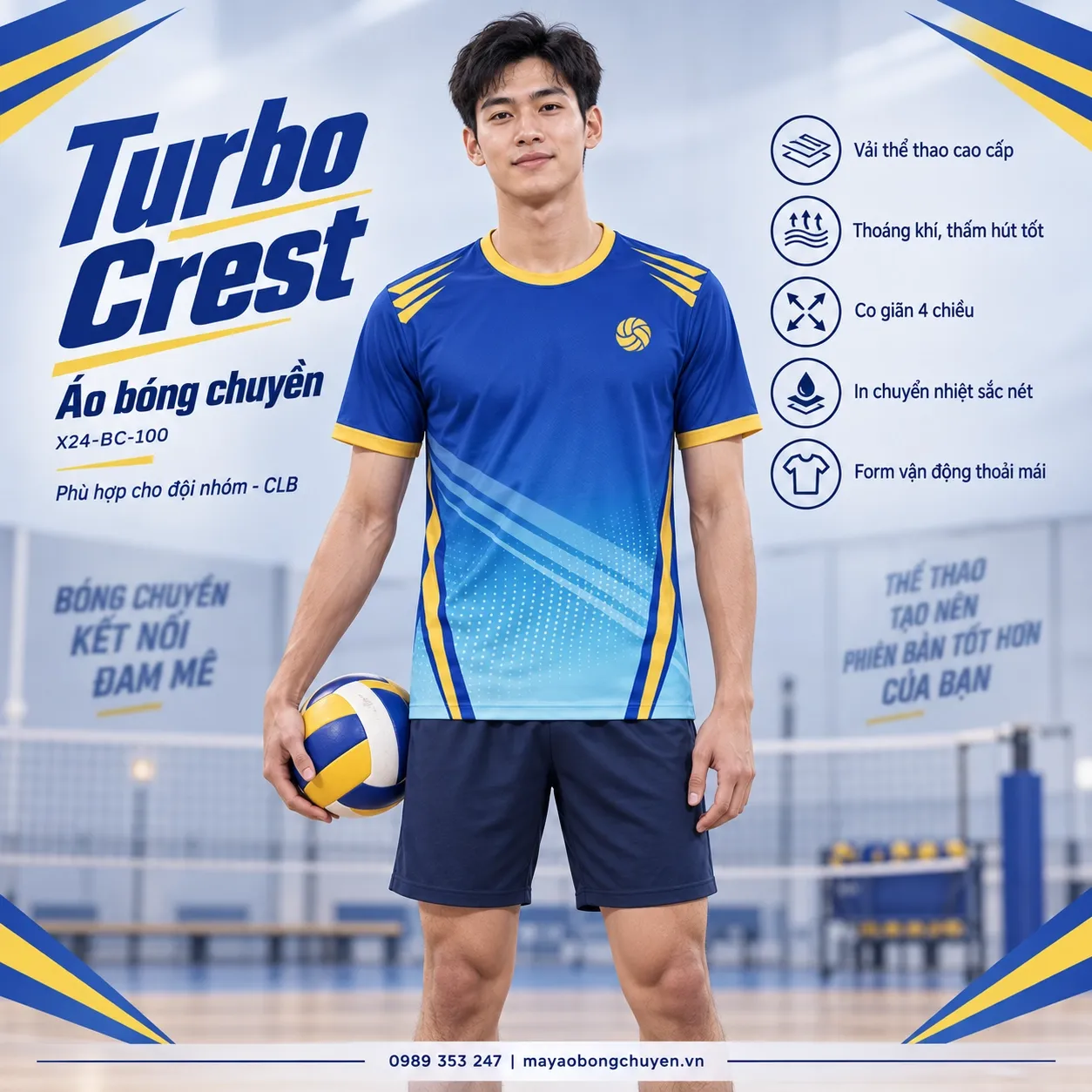 Áo bóng chuyền Turbo Crest xanh dương viền vàng trên người mẫu nam