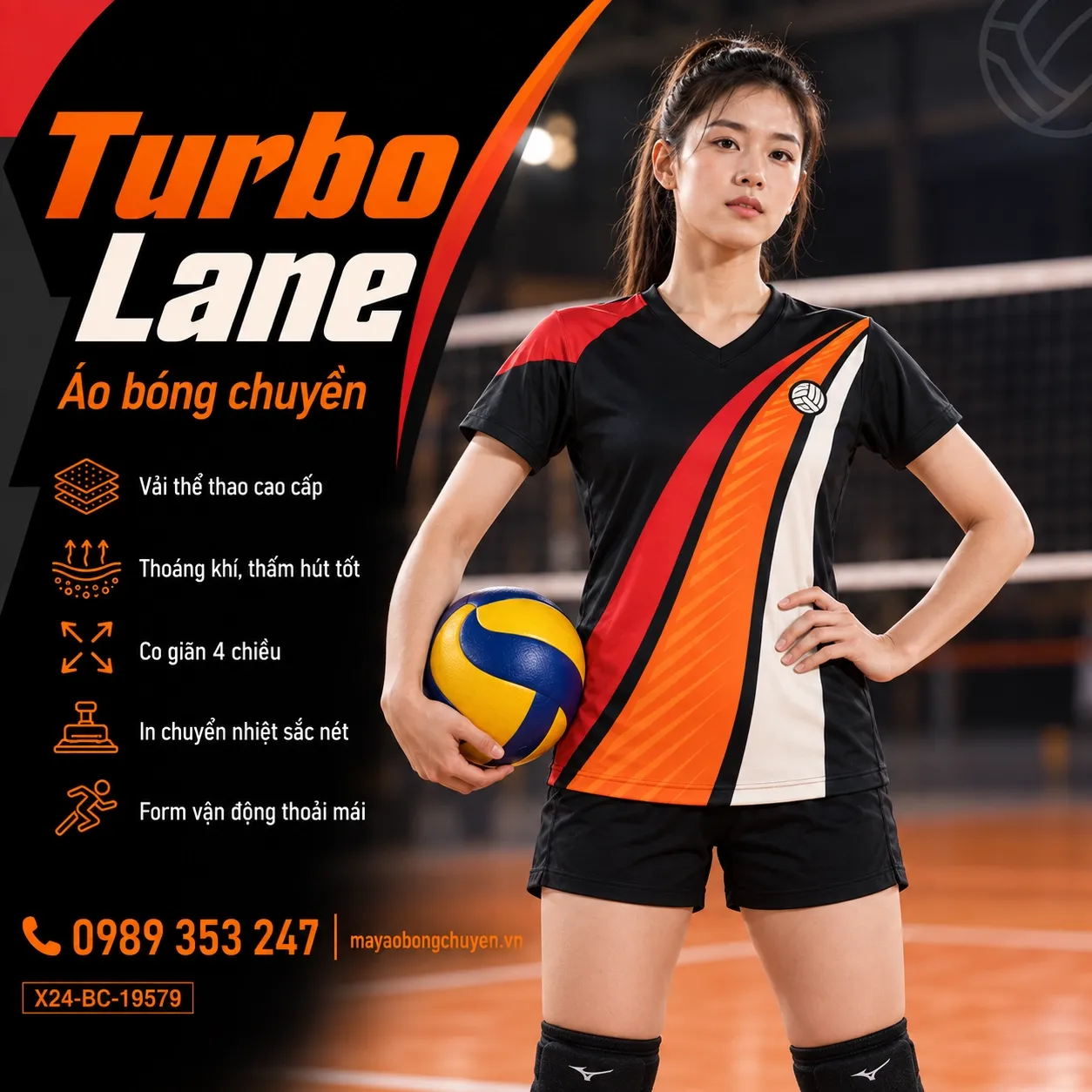 Mẫu Turbo Lane phối màu đen, đỏ scarlet, cam, phù hợp để tùy chỉnh logo và tên số cho đội nữ.