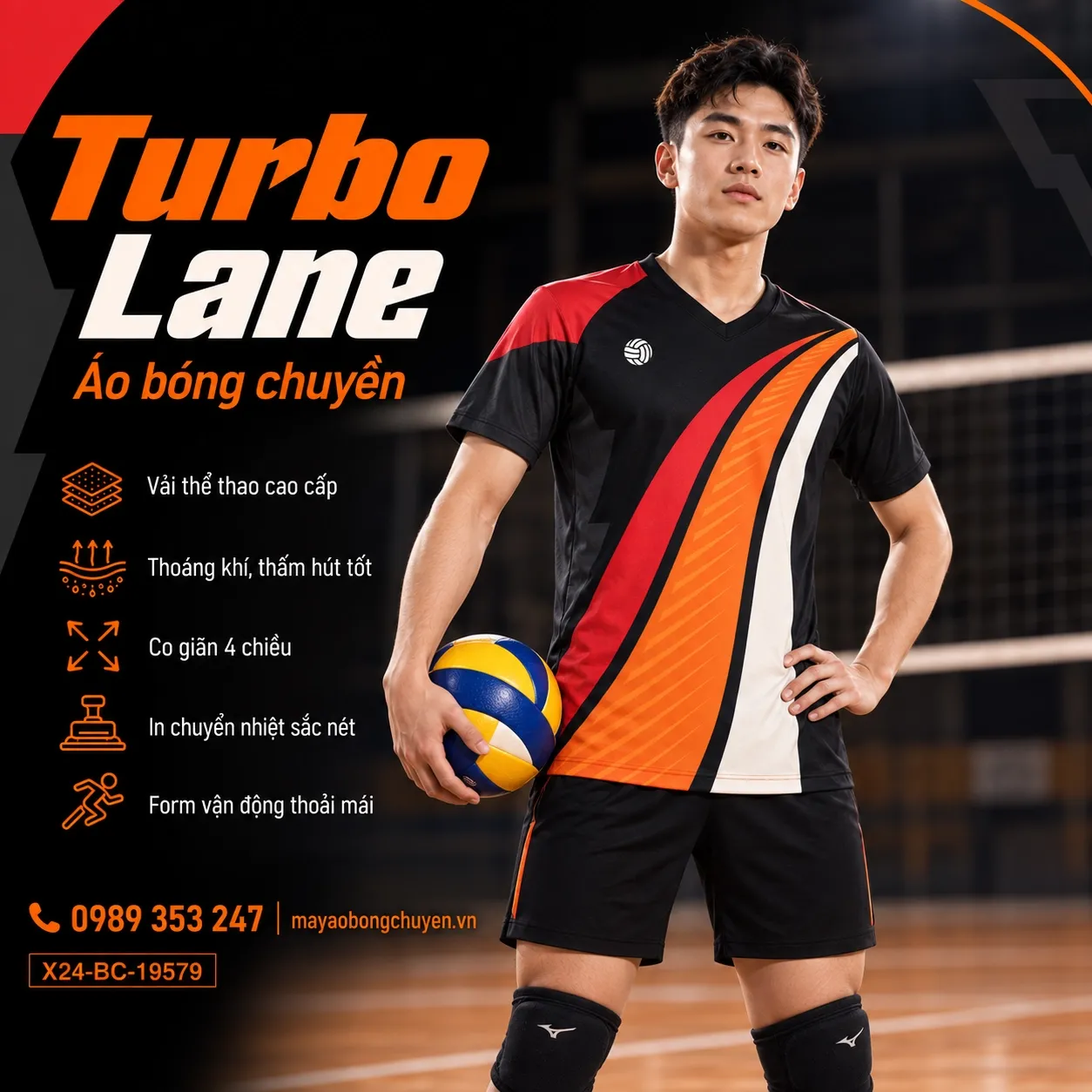 Mẫu Turbo Lane phối màu đen, đỏ scarlet, cam, phù hợp để tùy chỉnh logo và tên số cho đội nam.