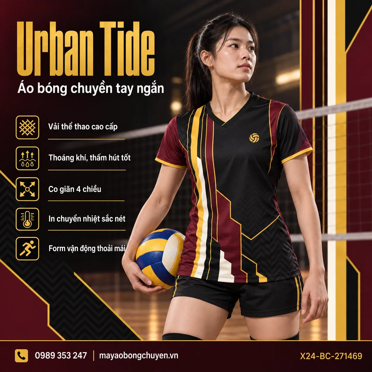 Mẫu Urban Tide phối đen, đỏ burgundy, vàng gold, trắng ngà dành cho đội nữ cần áo bóng chuyền đặt may nổi bật.