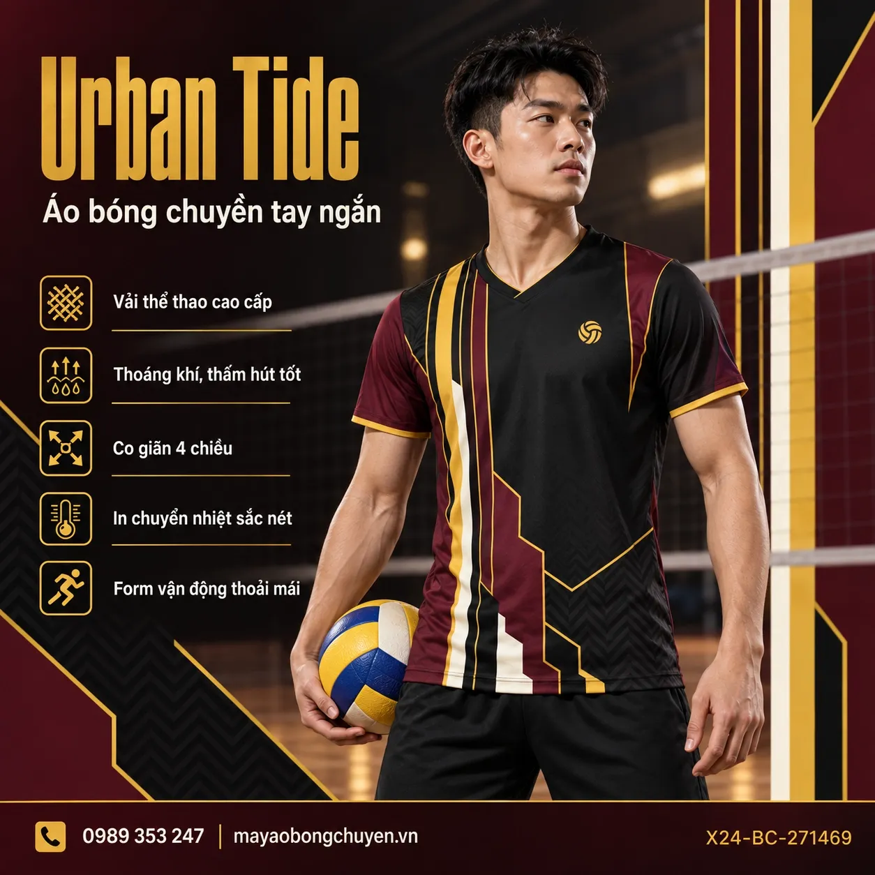 Mẫu Urban Tide phối đen, đỏ burgundy, vàng gold, trắng ngà dành cho đội nam cần áo bóng chuyền đặt may nổi bật.