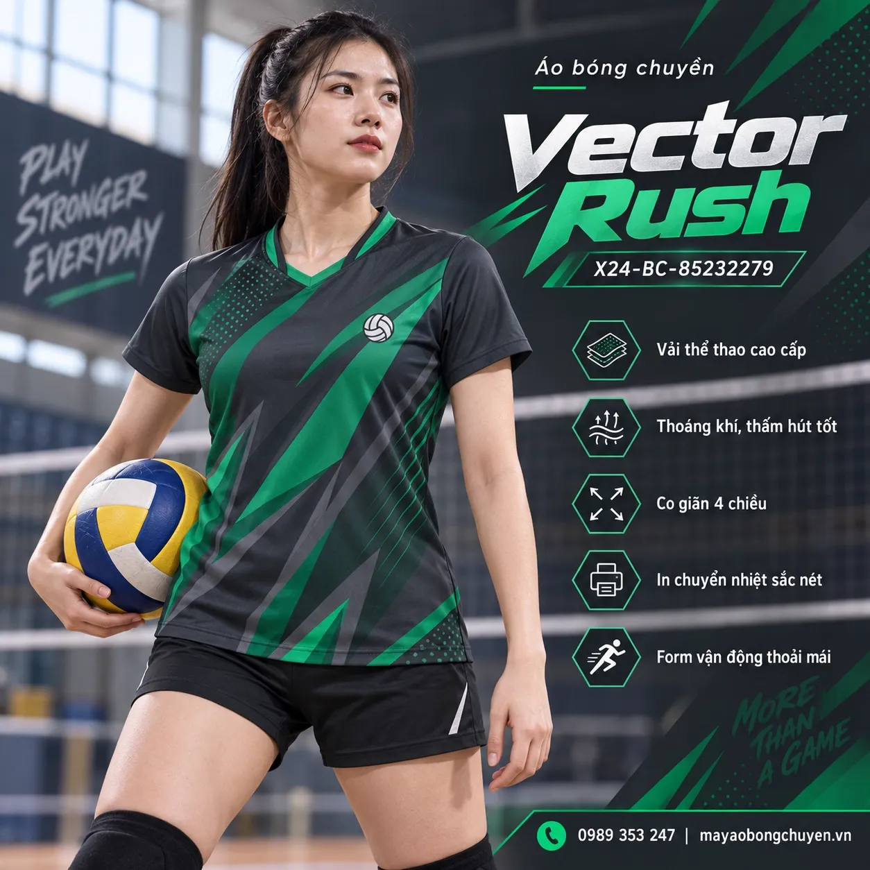 Mẫu Vector Rush phối màu xám graphite, xanh emerald, phù hợp để tùy chỉnh logo và tên số cho đội nữ.