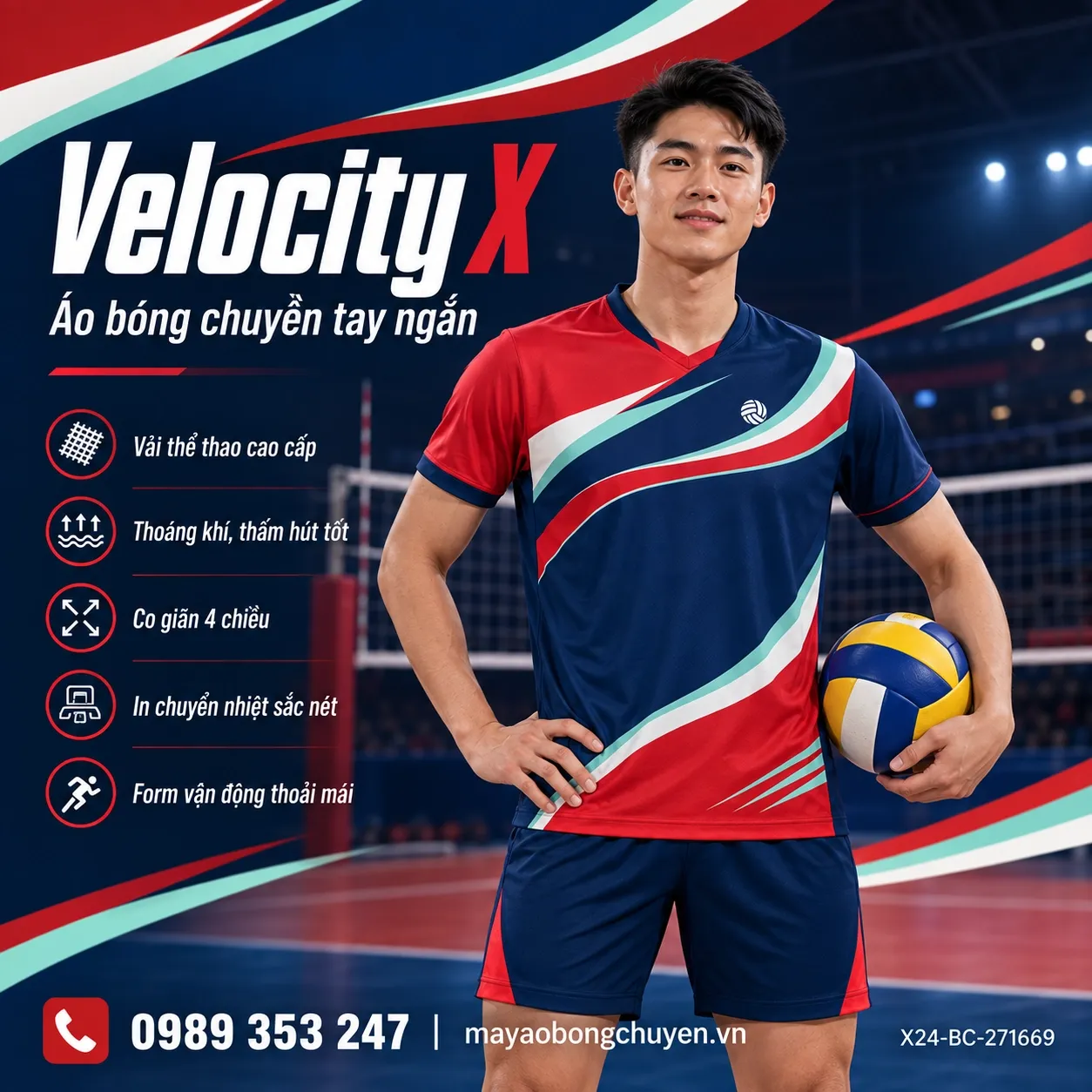 Mẫu Velocity X phối đỏ gạch, xanh navy, xanh mint, trắng ấm dành cho đội nam cần áo bóng chuyền đặt may nổi bật.